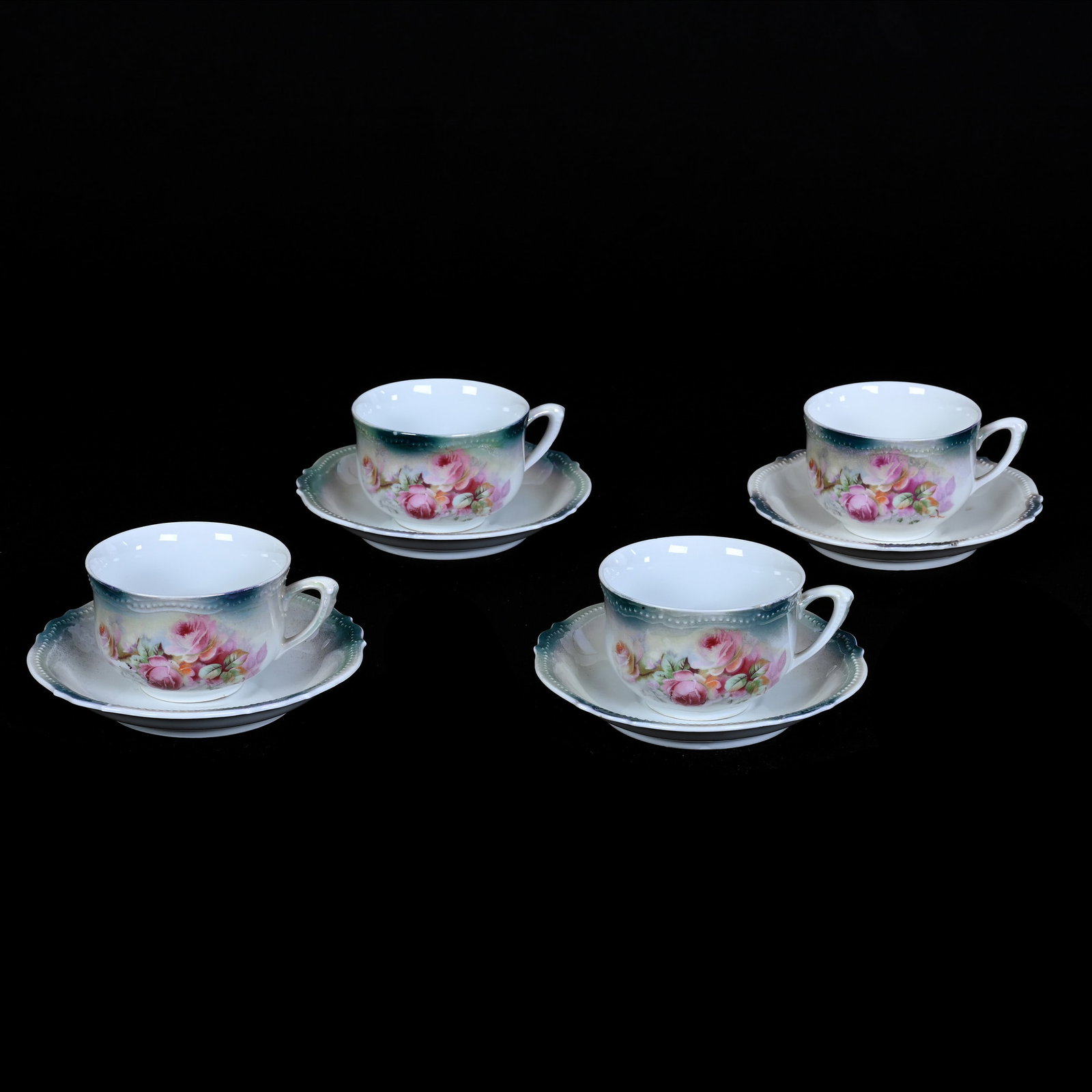 (4) Cups And Saucers Marked P. K. Silesia: (4) Cups And Saucers Marked P. K. Silesia, 2.5" x 6", Green And White Luster, Rose Decor, One Cup With Crow's Foot, Illinois Private Collection.