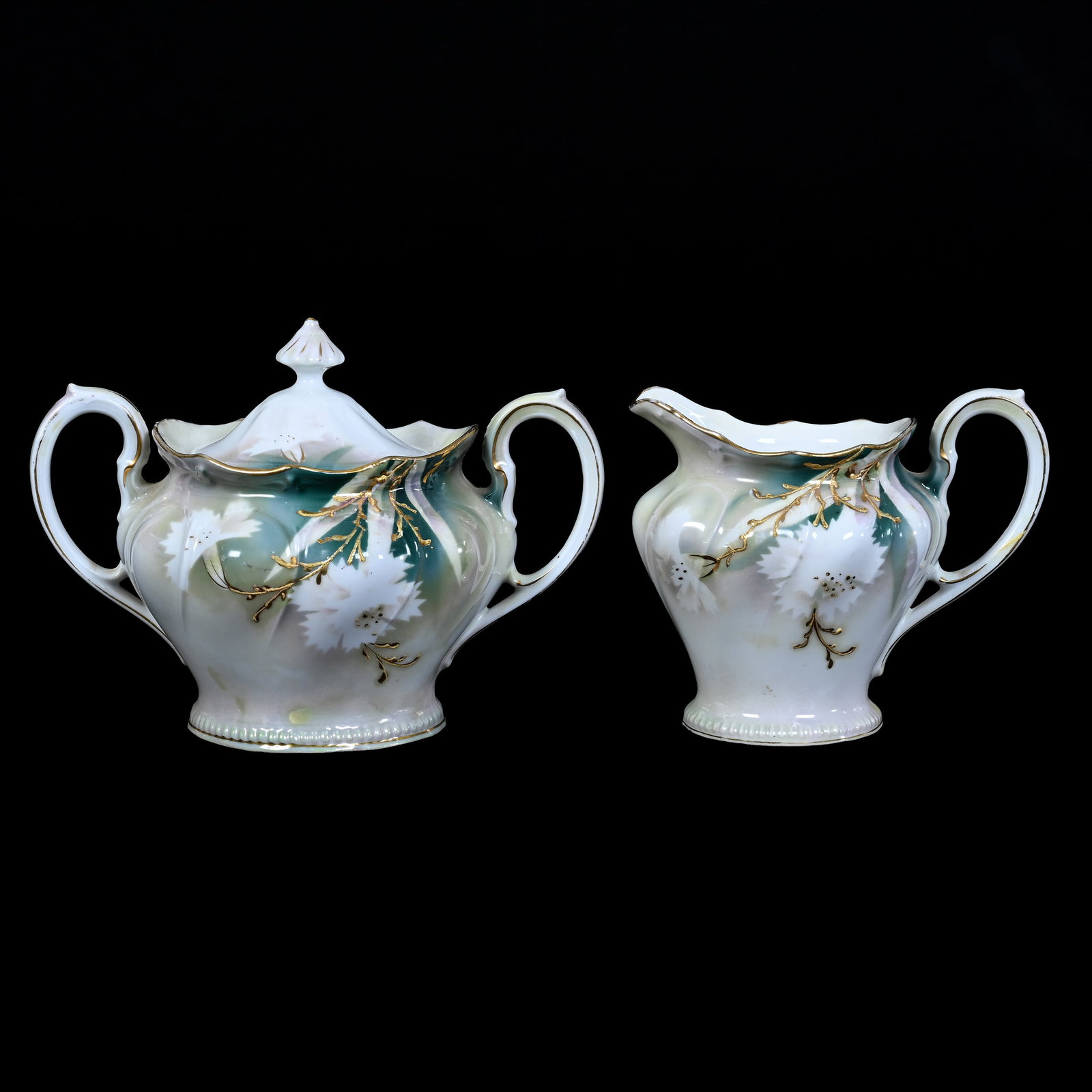 Creamer & Sugar Marked R.S. Prussia, Green & White Luster, Dogwood Decor: Creamer & Sugar Marked R.S. Prussia, Green & White Luster, Dogwood Decor, 4.75" x 6.5", Gold Enamel Highlights, Illinois Private Collection.