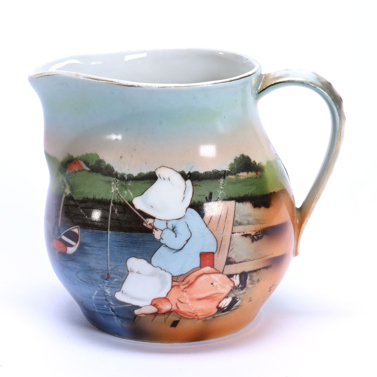 Milk Pitcher, Royal Bayreuth Blue Mark, Sunbonnet Babies Fishing Decor (1 of 3)