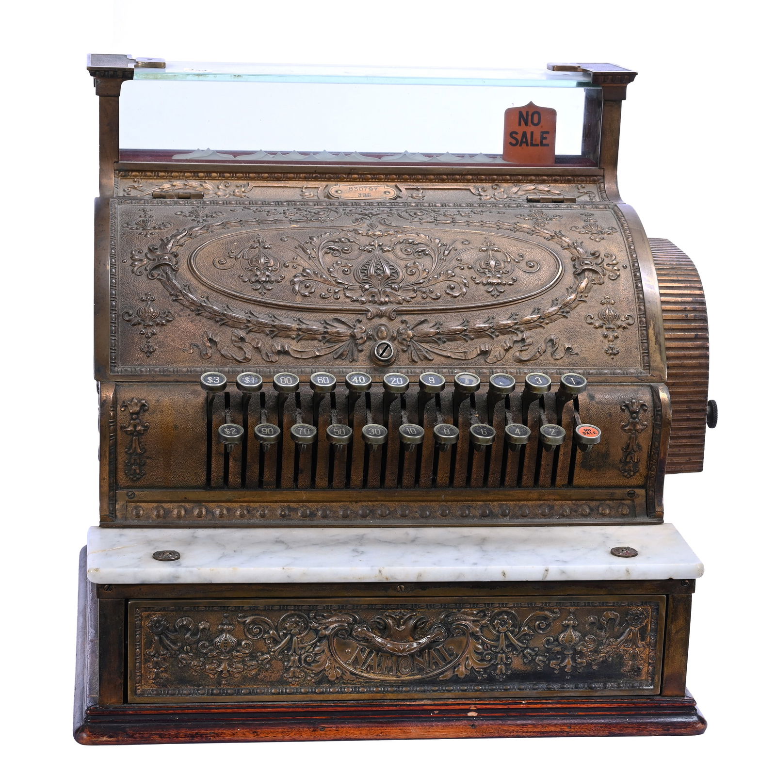 National #336 Brass Cash Register, Good Working Condition, Does Not Have Placard Sign Above Glass: National #336 Brass Cash Register, Good Working Condition, Does Not Have Placard Sign Above Glass, 15" x 17.5" x 16", Woody Auction Cannot Ship This Item, It Must Be Picked Up In Person In Douglass, K