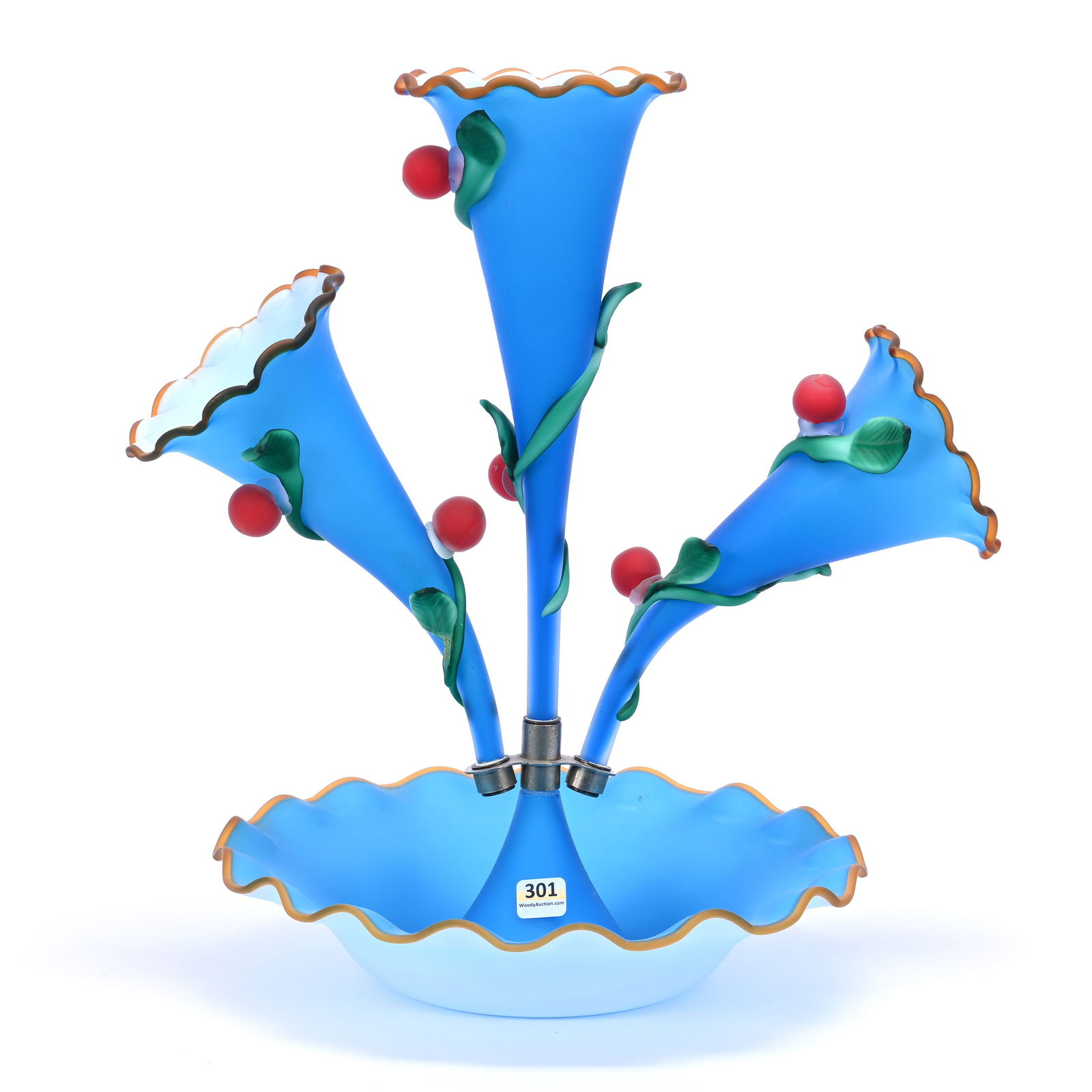 Centerpiece Epergne, Three Lily, Vibrant Blue Satin Art Glass, Applied Green Vine & Red Fruit Decor (1 of 3)