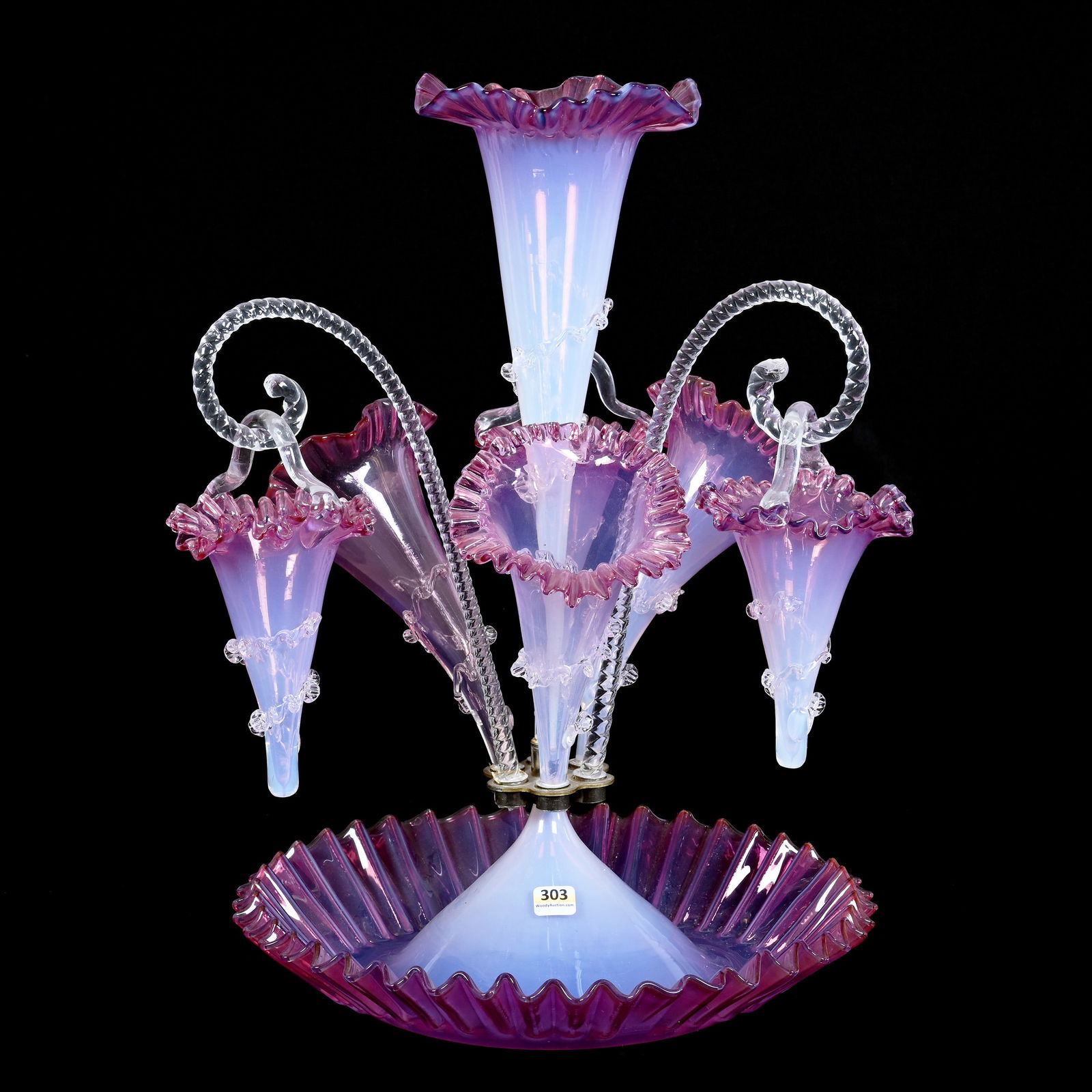 Centerpiece Epergne, Four Lily, Three Hanging Baskets, Plum Opalescent Art Glass (1 of 3)
