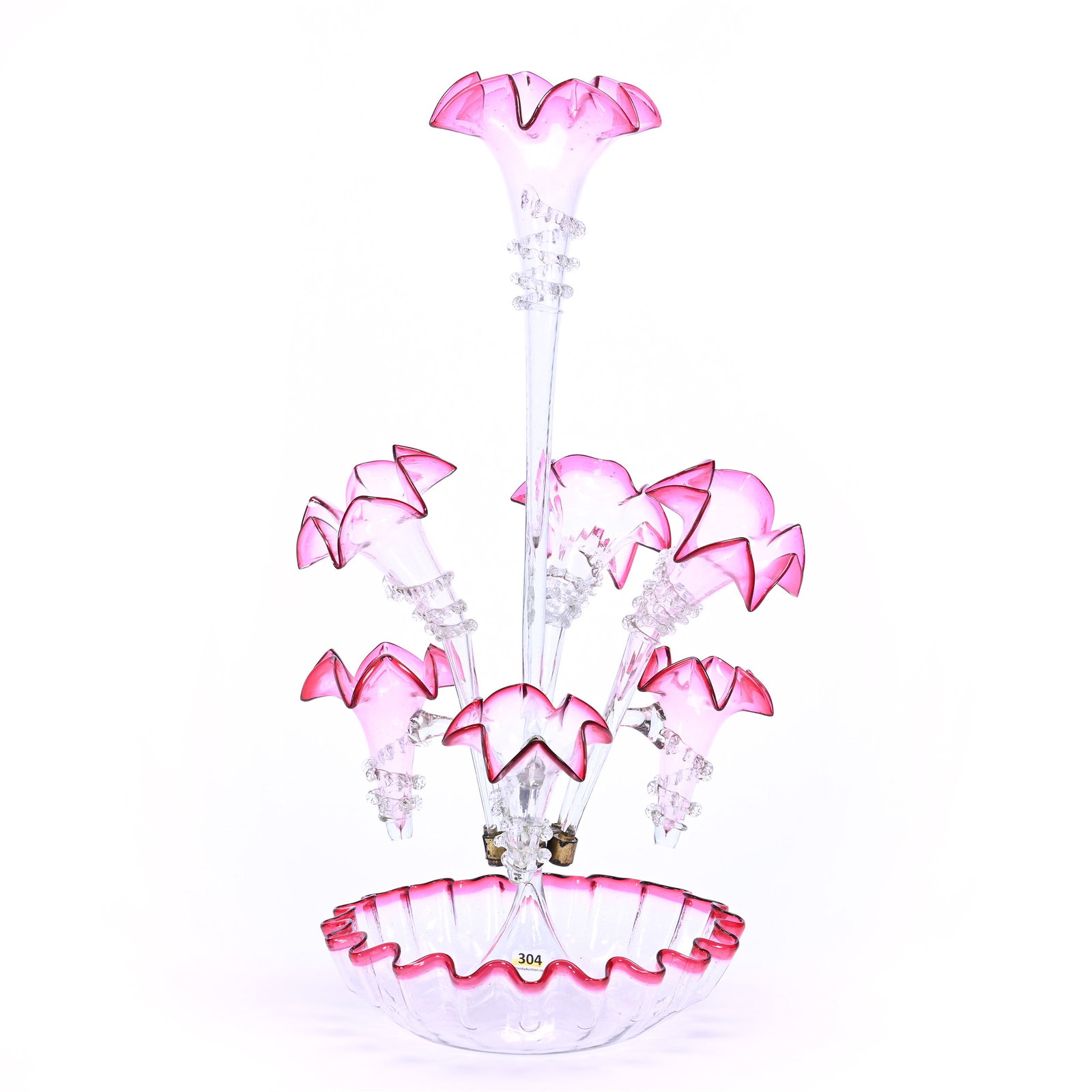 Centerpiece Epergne, Seven Lily, Rubina Art Glass, Star Crimped Lilies: Centerpiece Epergne, Seven Lily, Rubina Art Glass, Star Crimped Lilies, 22" x 12" x 10", Applied Rigoree, Three Small Lilies With Intentional Bent Stems, The Late Bunny Koppelman Whose Epergne Collect