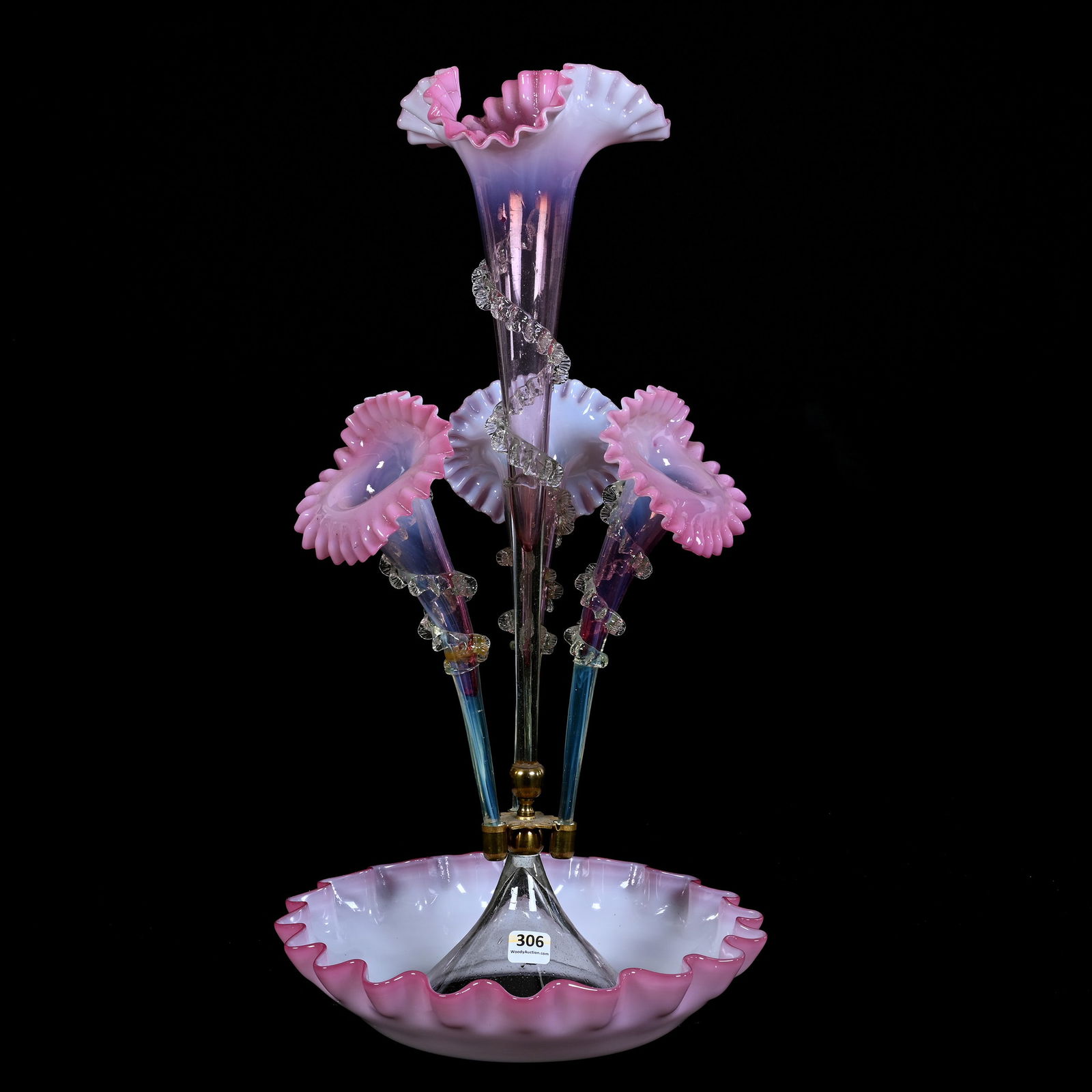 Centerpiece Epergne, Four Lily, Cranberry Opalescent Art Glass, Applied Clear Rigoree (1 of 3)