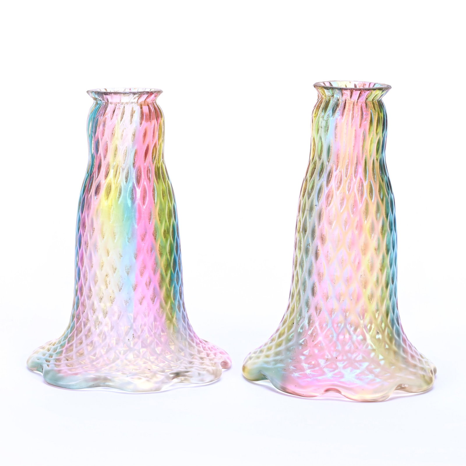 Pair Lily Light Shades, Rainbow Diamond Quilted Art Glass, Iridescent Satin Finish: Pair Lily Light Shades, Rainbow Diamond Quilted Art Glass, Iridescent Satin Finish, 4.5" x 3.25", One Shade Has Rim Chip On Fitter Ring, Fitter Ring Measures Approximately 1.25", Frank and Melissa Kea