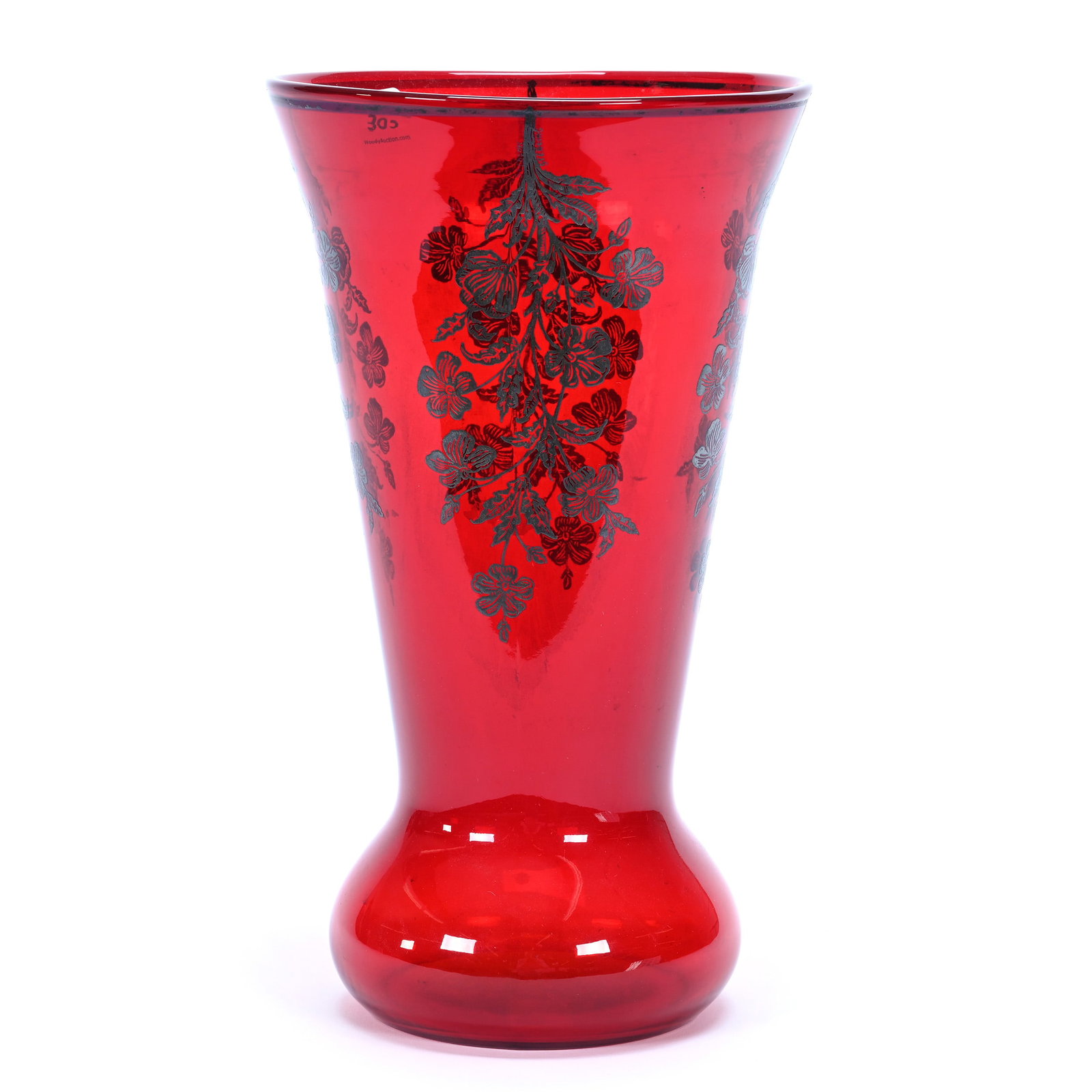 Vase, Solid Orchid Red Depression Glass Attributed To Caden City, Silver Floral Decor Overlay: Vase, Solid Orchid Red Depression Glass Attributed To Caden City, Silver Floral Decor Overlay, 12" x 7", Circa 1930's, Frank and Melissa Keathley Of Top Shelf Antiques, TX.