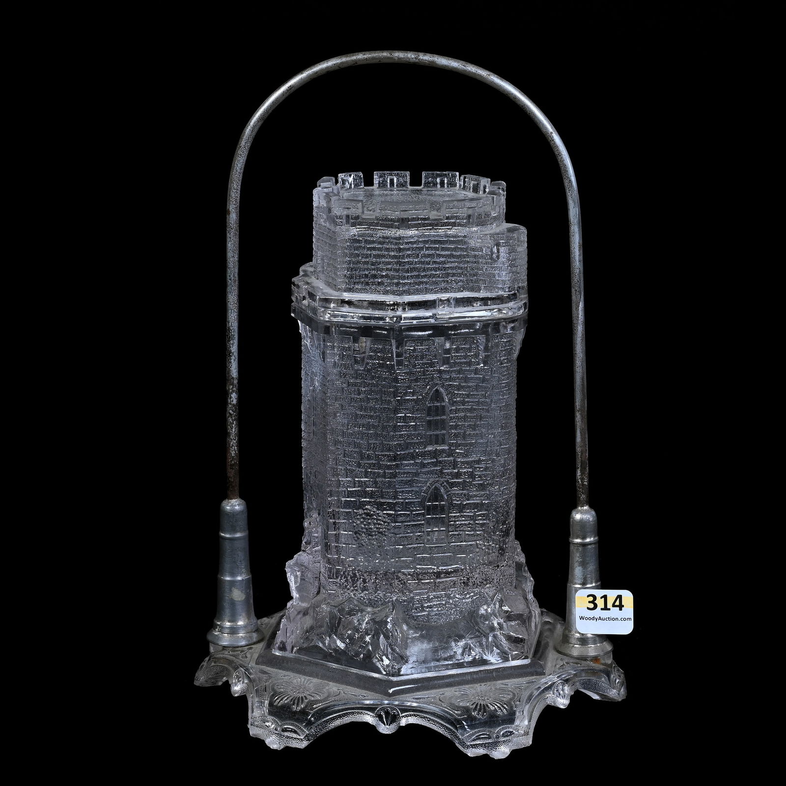 Pickle Castor, Three Piece Glass, Insert Is Clear Castle Turret Design, Lid, Jar And Original Base (1 of 5)