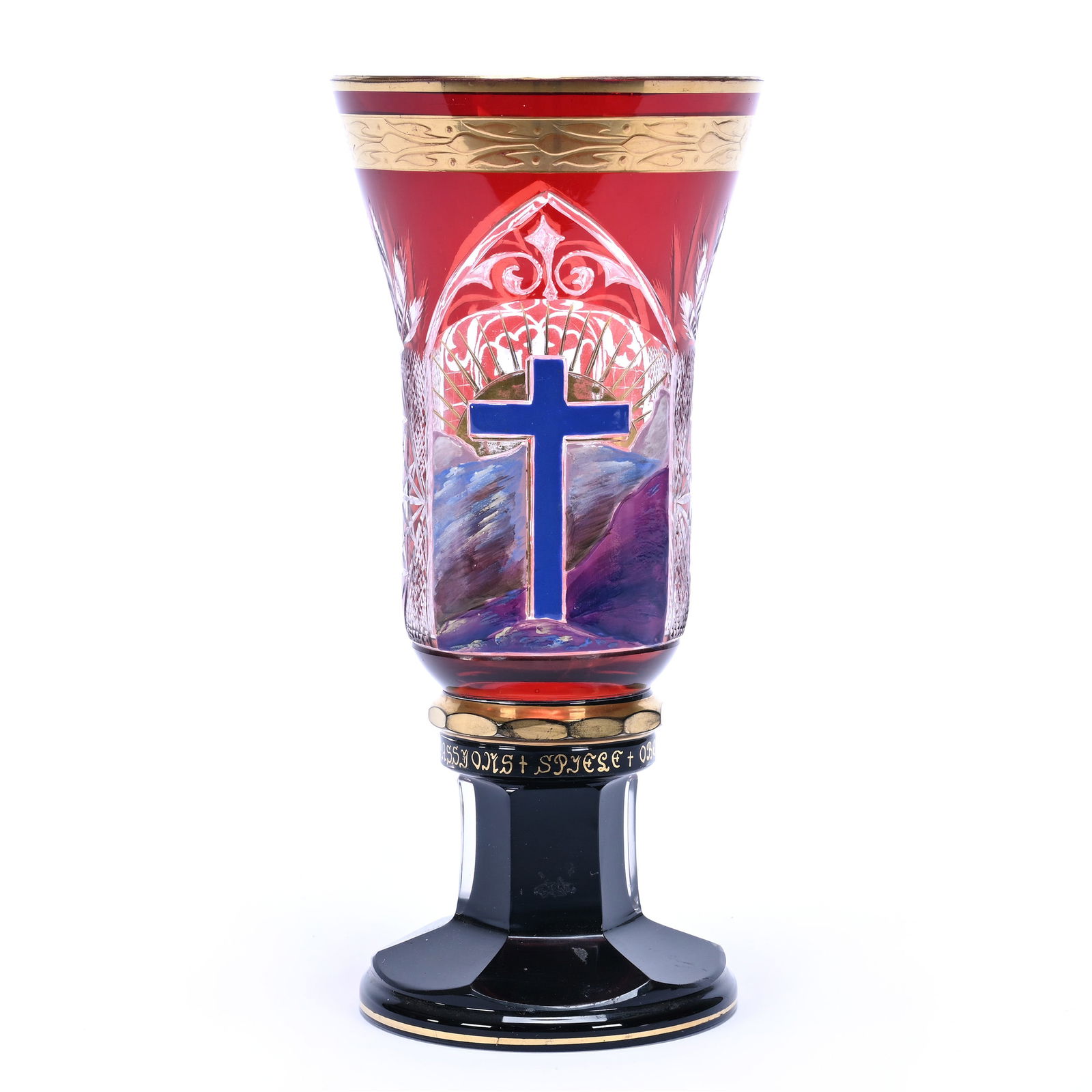 Chalice, Unmarked Moser Style, Ruby Cut To Clear With Heavy Enamel Cross (1 of 6)
