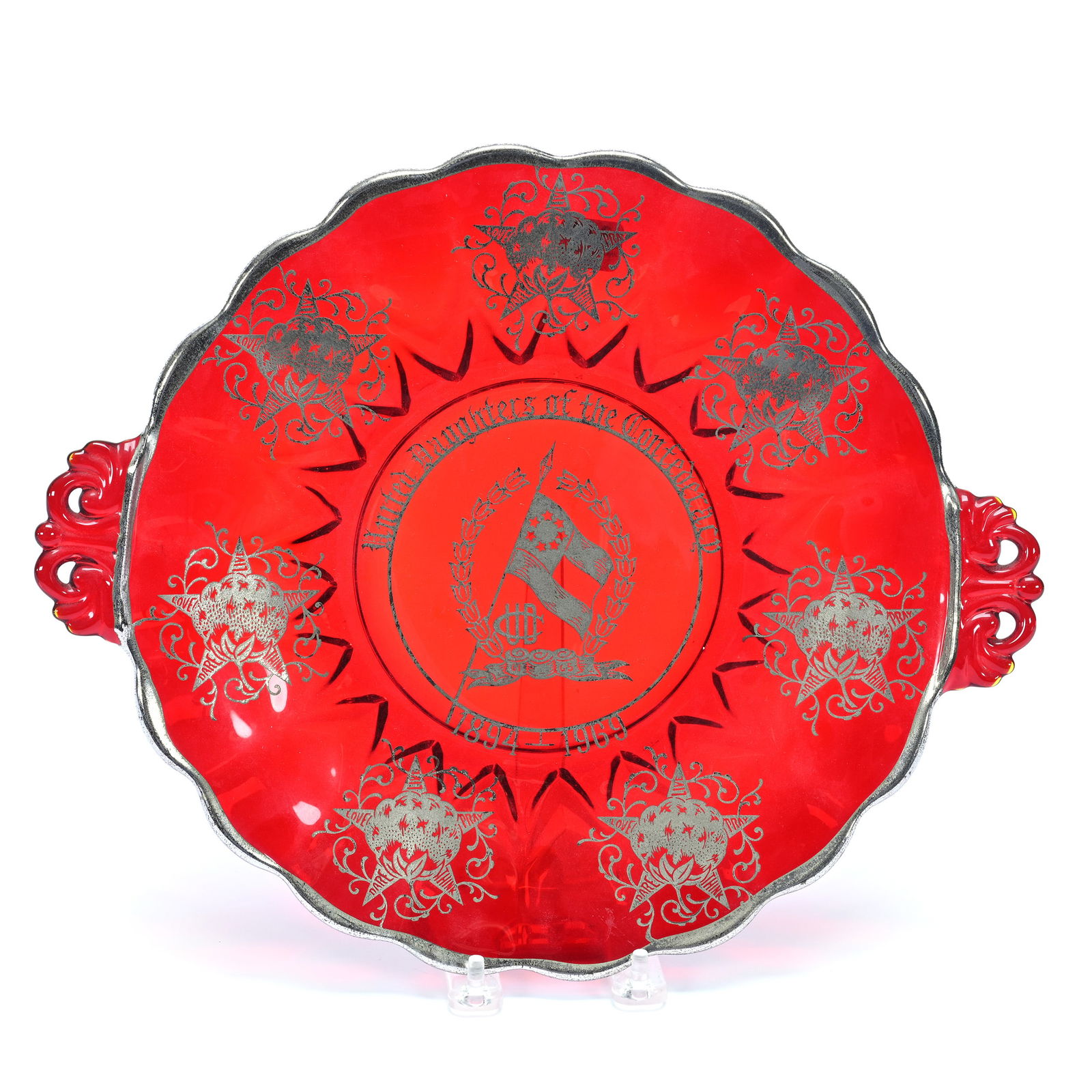 Souvenir Cake Plate, Ruby Red Glassware With Silver Overlay (1 of 2)