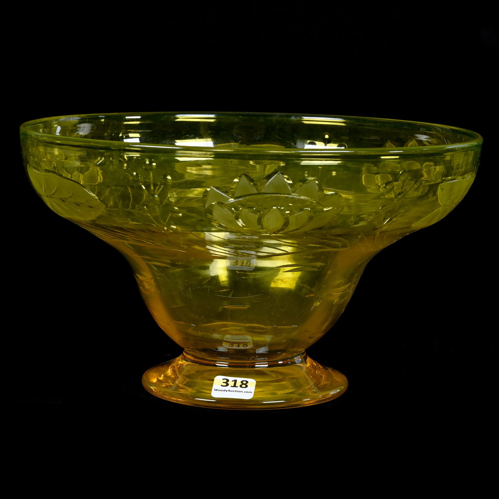 Pedestal Bowl Signed Webb Solid Uranium Yellow Art Glass, Engraved Waterlily Decor (1 of 5)