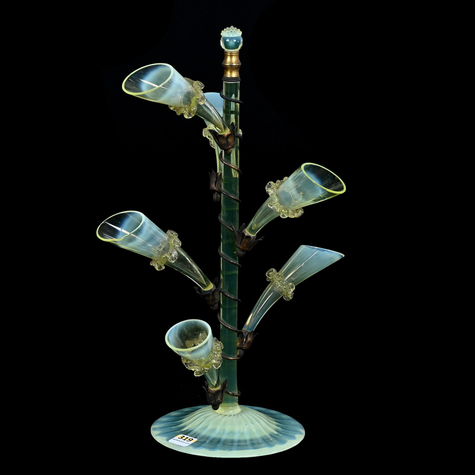 Novelty Six-Lily Epergne, Yellow Opalescent Art Glass: Novelty Six-Lily Epergne, Yellow Opalescent Art Glass, 14.5" x 9.5" x 5.5", Original Horn Shaped Lilies Are Individually Mounted In Frame Holder, One Lily With Interior Rim Chip, Very Unusual, Rim Chi