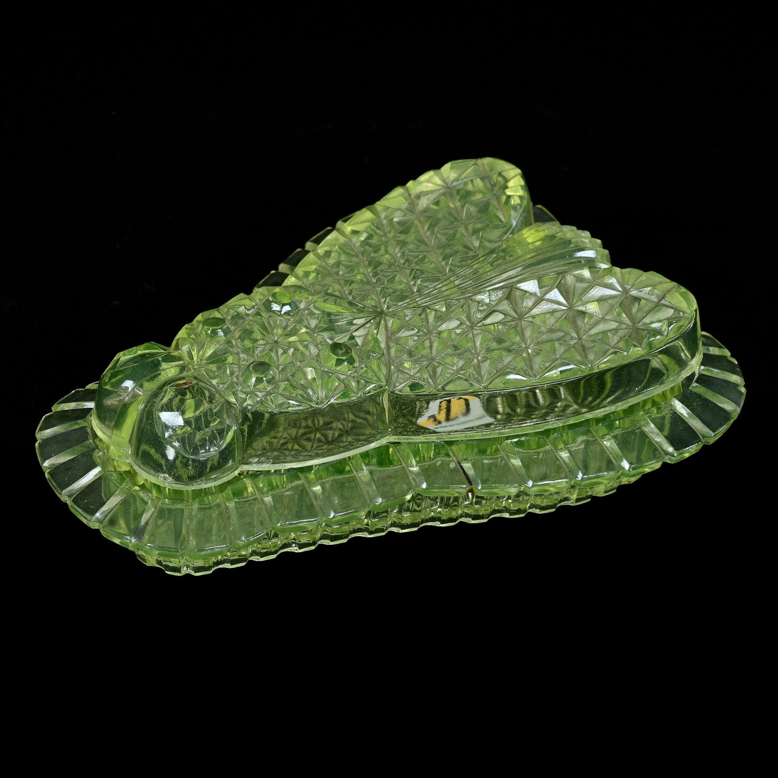 Figural Covered Dish, Solid Vaseline Early Pattern Glass In Form Of A Fly (1 of 5)