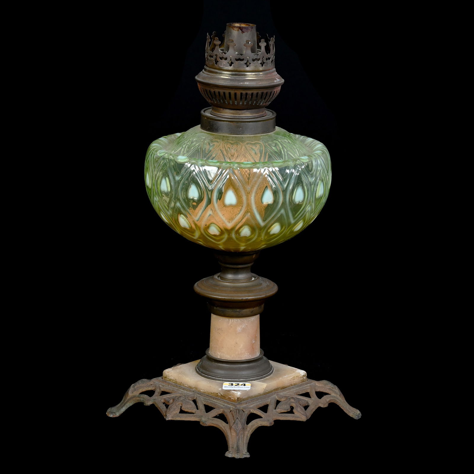 Kerosene Lamp, Yellow Opalescent Art Glass With Iron & Onyx Base (1 of 4)