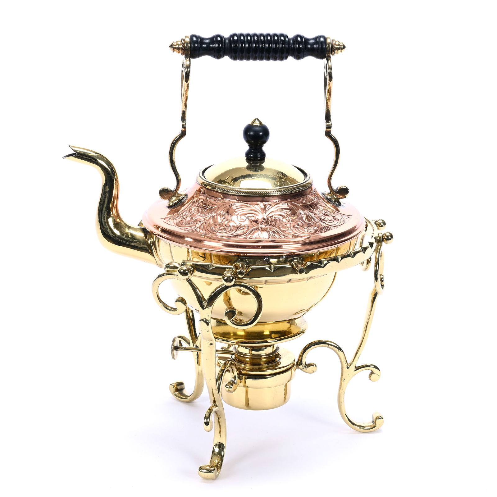 Spirit Kettle & Stand, Brass & Copper With Ebony Handle Marked London, Dated 1904 (1 of 5)