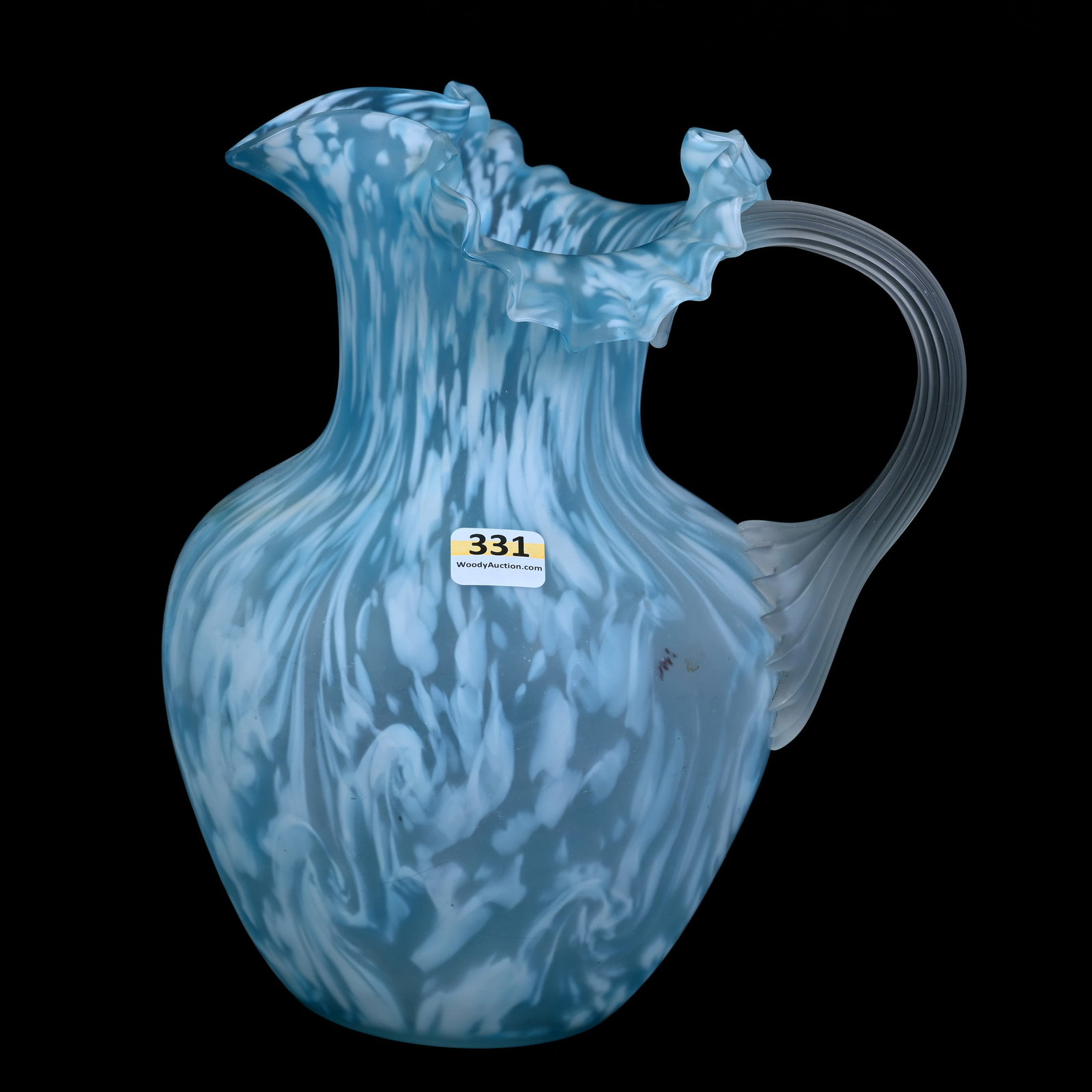 Water Pitcher, Blue Opalescent Swirl Art Glass: Water Pitcher, Blue Opalescent Swirl Art Glass, 9" x 7.5", Frosted Applied Handle, Lee and Carol Marple Estate Collection, CA.