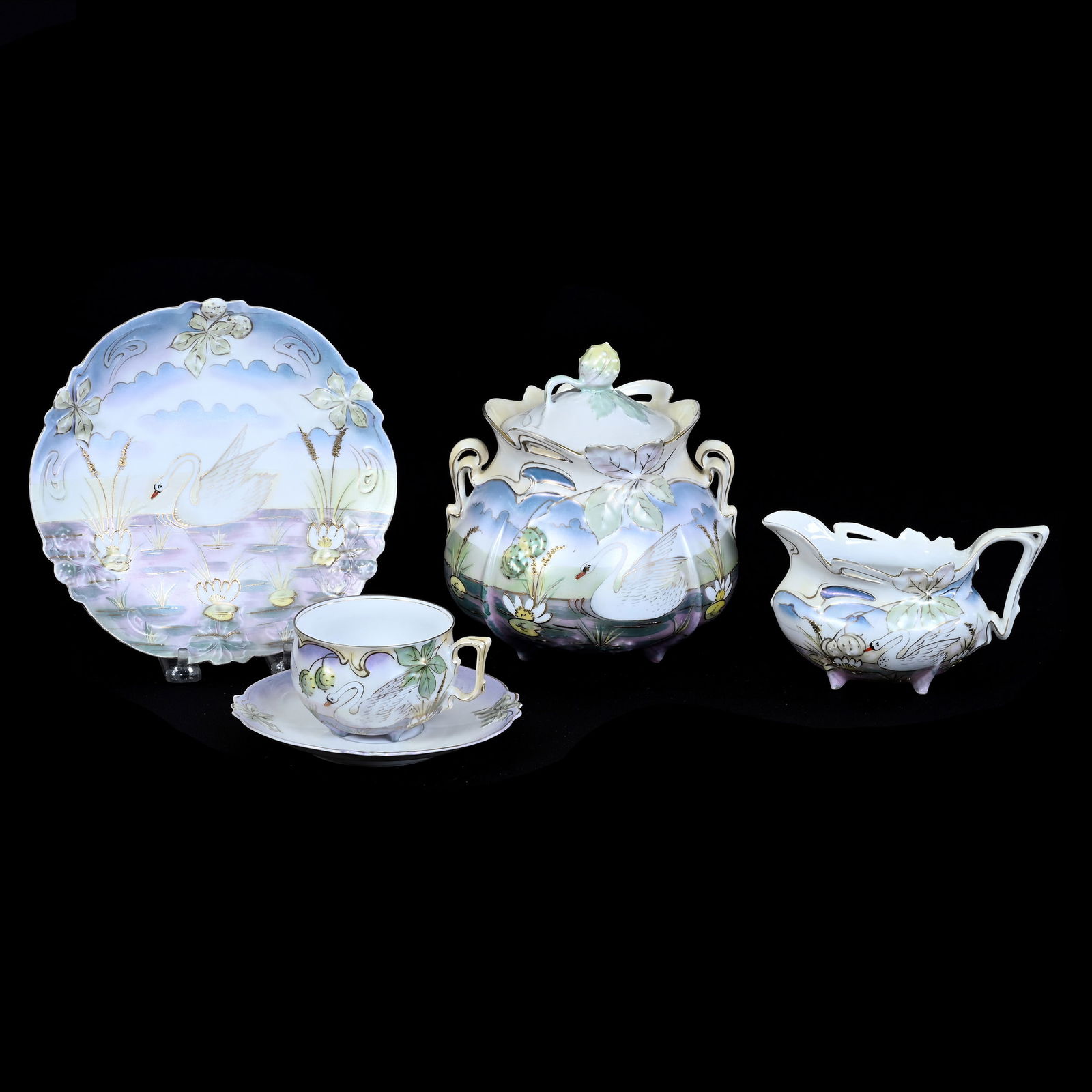 (4) R.S. Prussia Items, Unmarked, Sycamore Mold, Blue, White, Green Satin Finish (1 of 3)