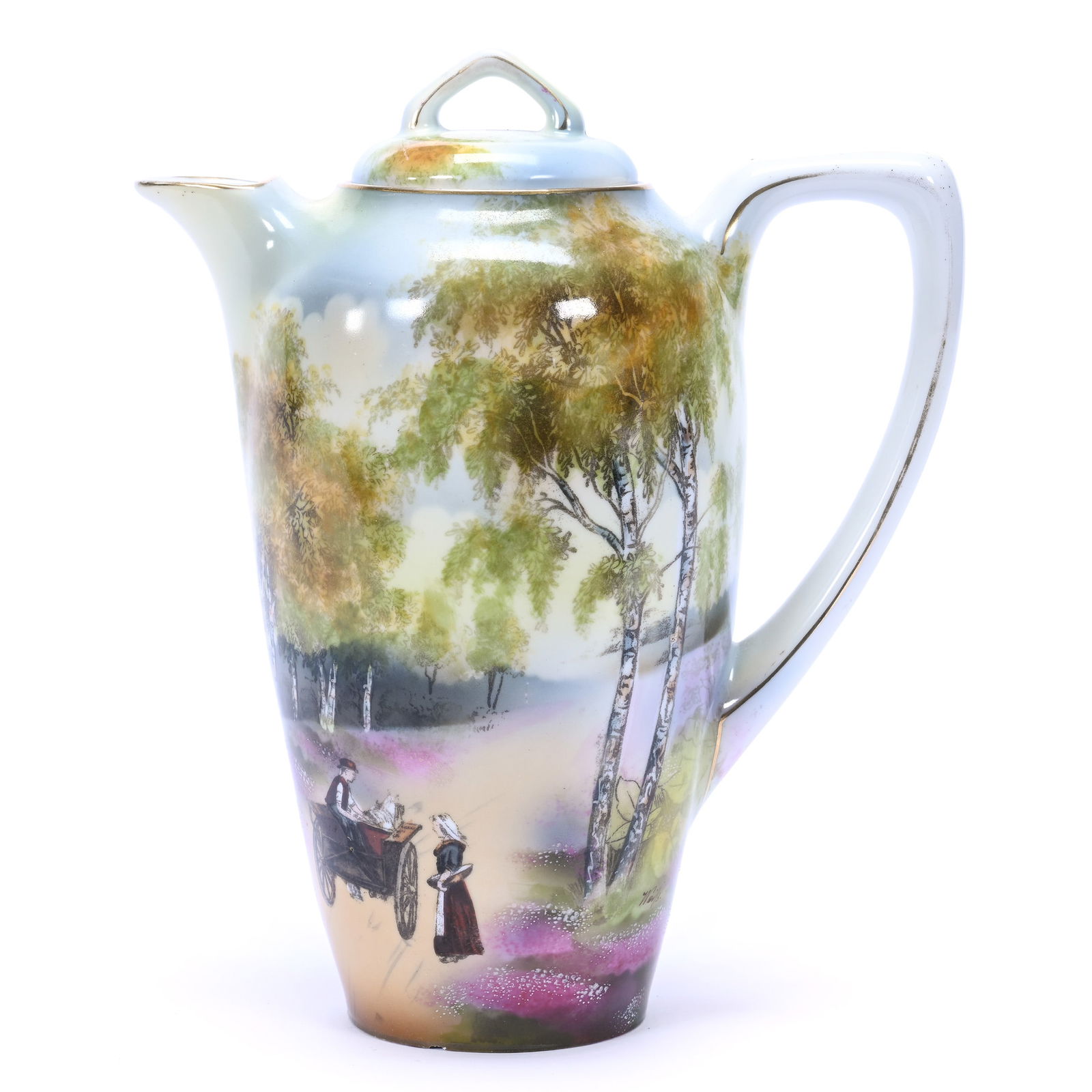 Chocolate Pot Marked R. S. Germany, Hand Painted Horse Cart Pathway Decor, Small Base Chip (1 of 4)