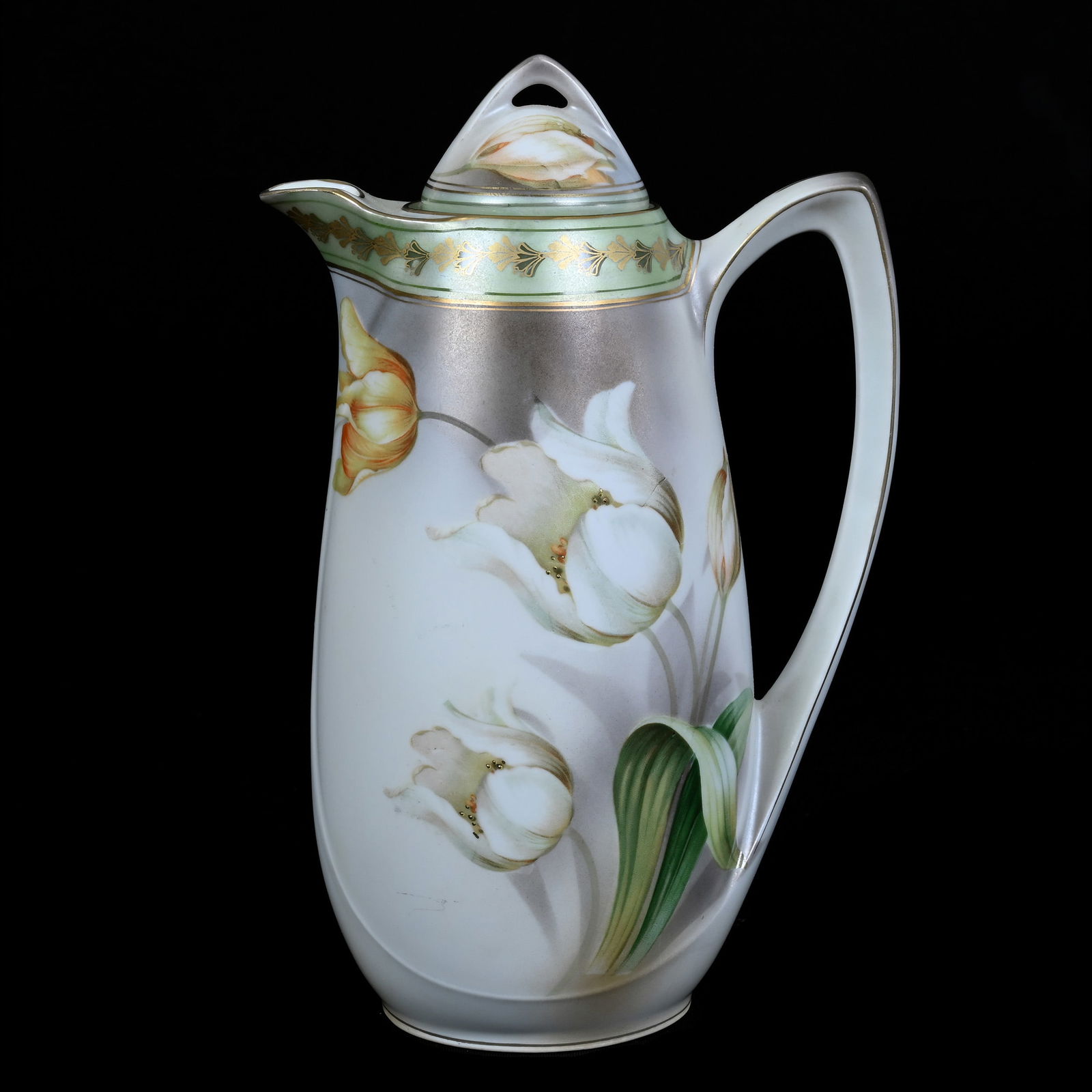 Chocolate Pot Marked R. S. Germany, Tulip Decor, Satin Finish, Green Border (1 of 3)