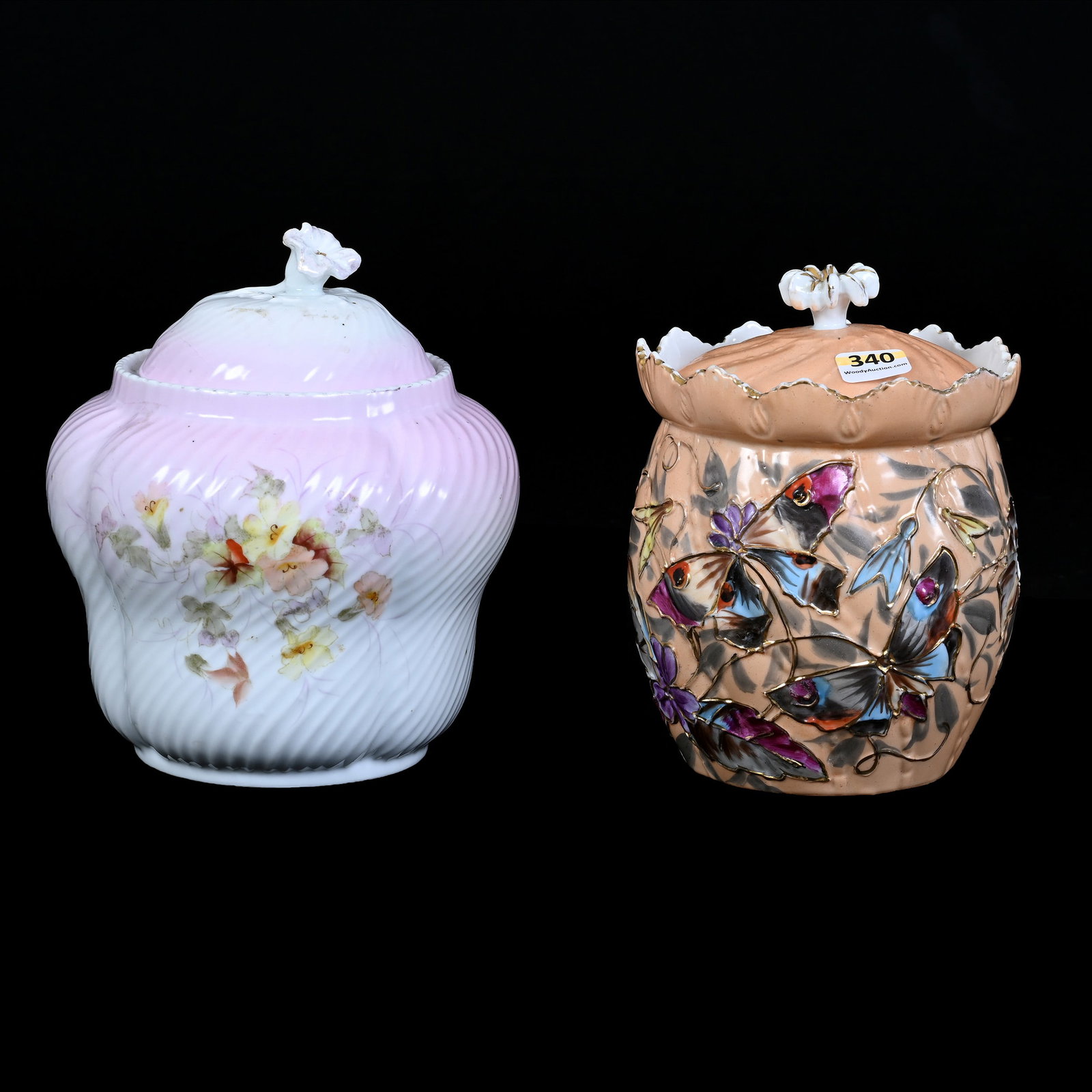 (2) Biscuit Jars, Early Unmarked Prussia, Orange Tones, Colorful Butterfly And Floral Decor: (2) Biscuit Jars, Early Unmarked Prussia, Orange Tones, Colorful Butterfly And Floral Decor, 6.5" x 5", (1) Pink And White With Crack In Lid, Lee and Carol Marple Estate Collection, CA.