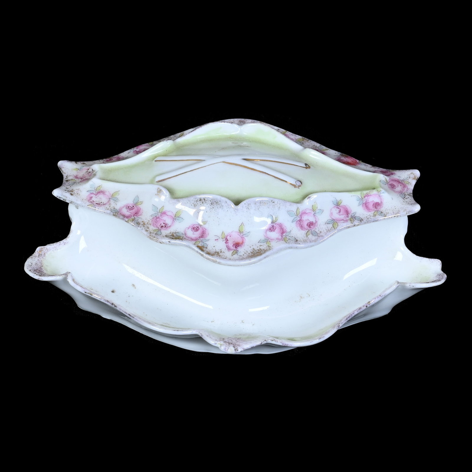 Match Box With Attached Tray, Unmarked Prussia: Match Box With Attached Tray, Unmarked Prussia, 1.5" x 5.25", Green And White, Pink Rose Decor, Match Striker Under Lid, Chip On Lid Ring, Lee and Carol Marple Estate Collection, CA.
