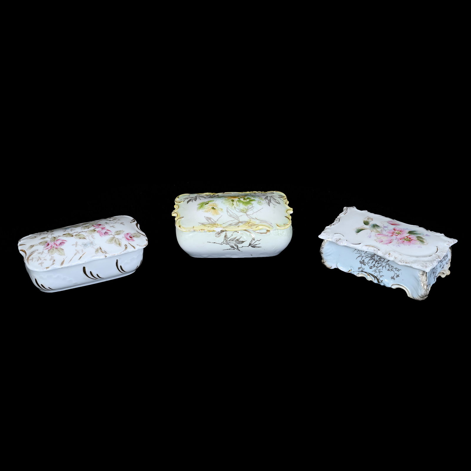 (3) Covered Match Boxes, Two White With Pink Floral, One Green With Yellow Trim With Rim Chip (1 of 4)