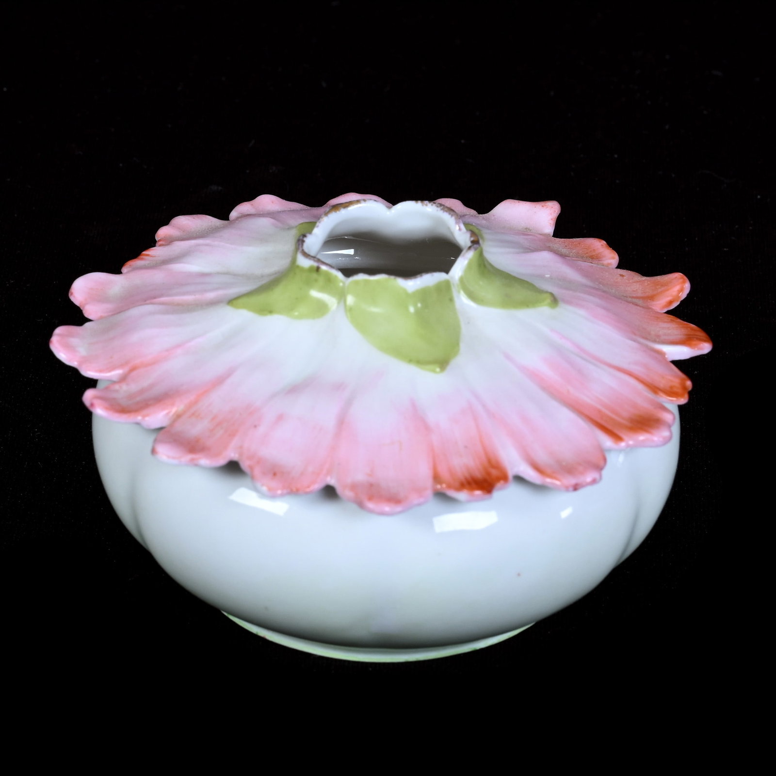 Hair Receiver, Unmarked R.S. Prussia, Floral Blossom Mold: Hair Receiver, Unmarked R.S. Prussia, Floral Blossom Mold, 2" x 4", Pink And Green Tones, Lee and Carol Marple Estate Collection, CA.