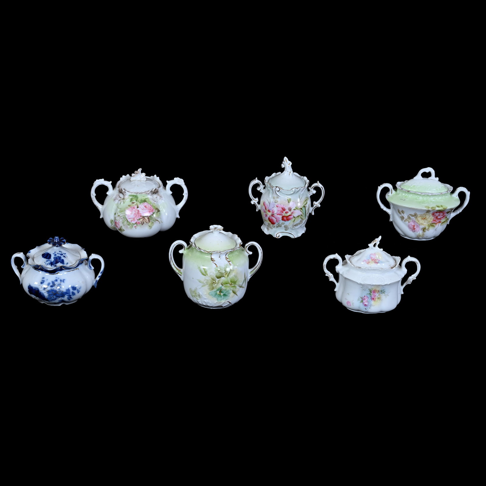 (6) Sugar Bowls, Unmarked R.S. Prussia: (6) Sugar Bowls, Unmarked R.S. Prussia, Various Colors, Molds And Patterns, See Photos For Details, Lee and Carol Marple Estate Collection, CA.