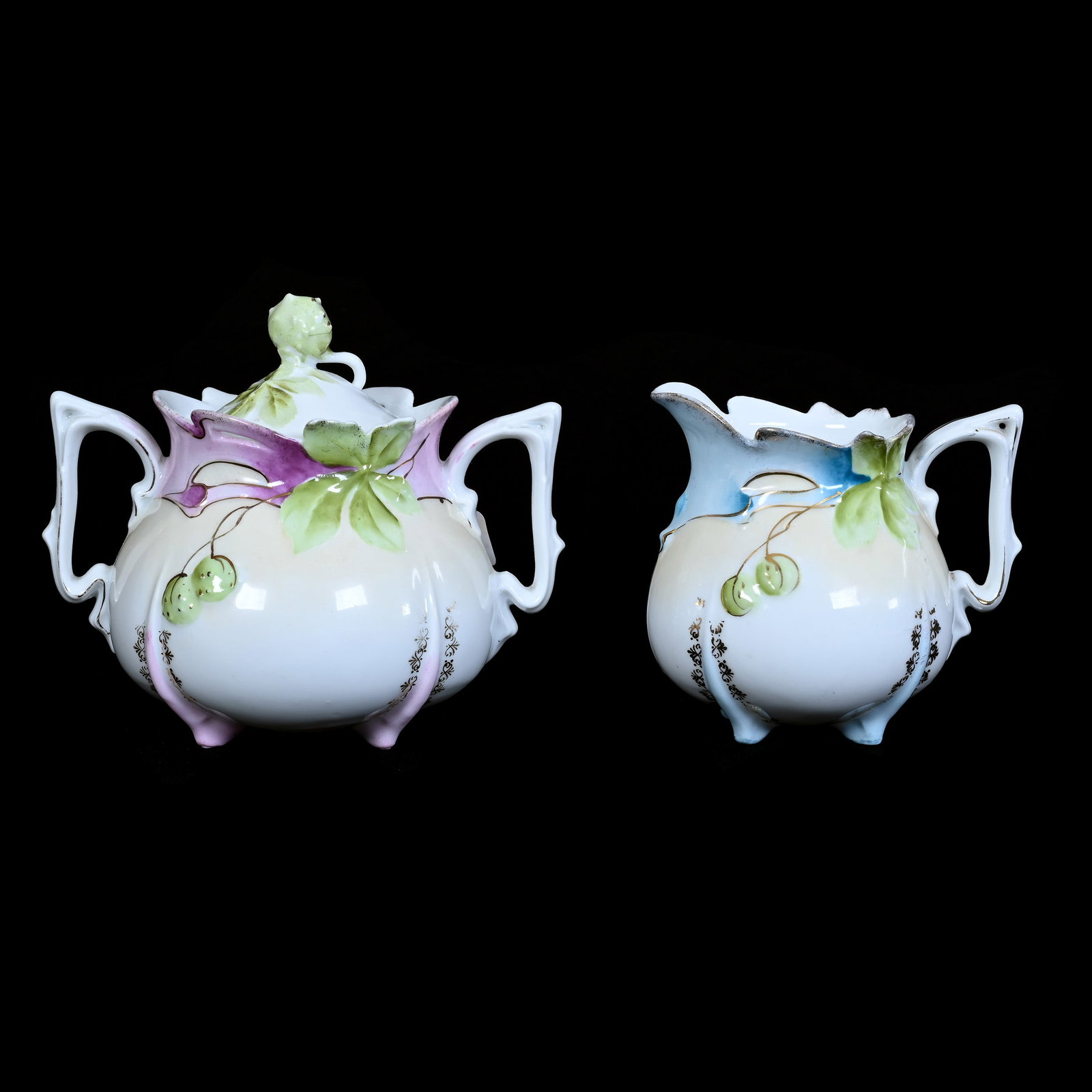 Creamer & Sugar, Unmarked R.S. Prussia, Sycamore Mold: Creamer & Sugar, Unmarked R.S. Prussia, Sycamore Mold, 5" x 5.75", One With Pink Trim, One With Blue Trim, Sugar With Crow's Foot, Lee and Carol Marple Estate Collection, CA.