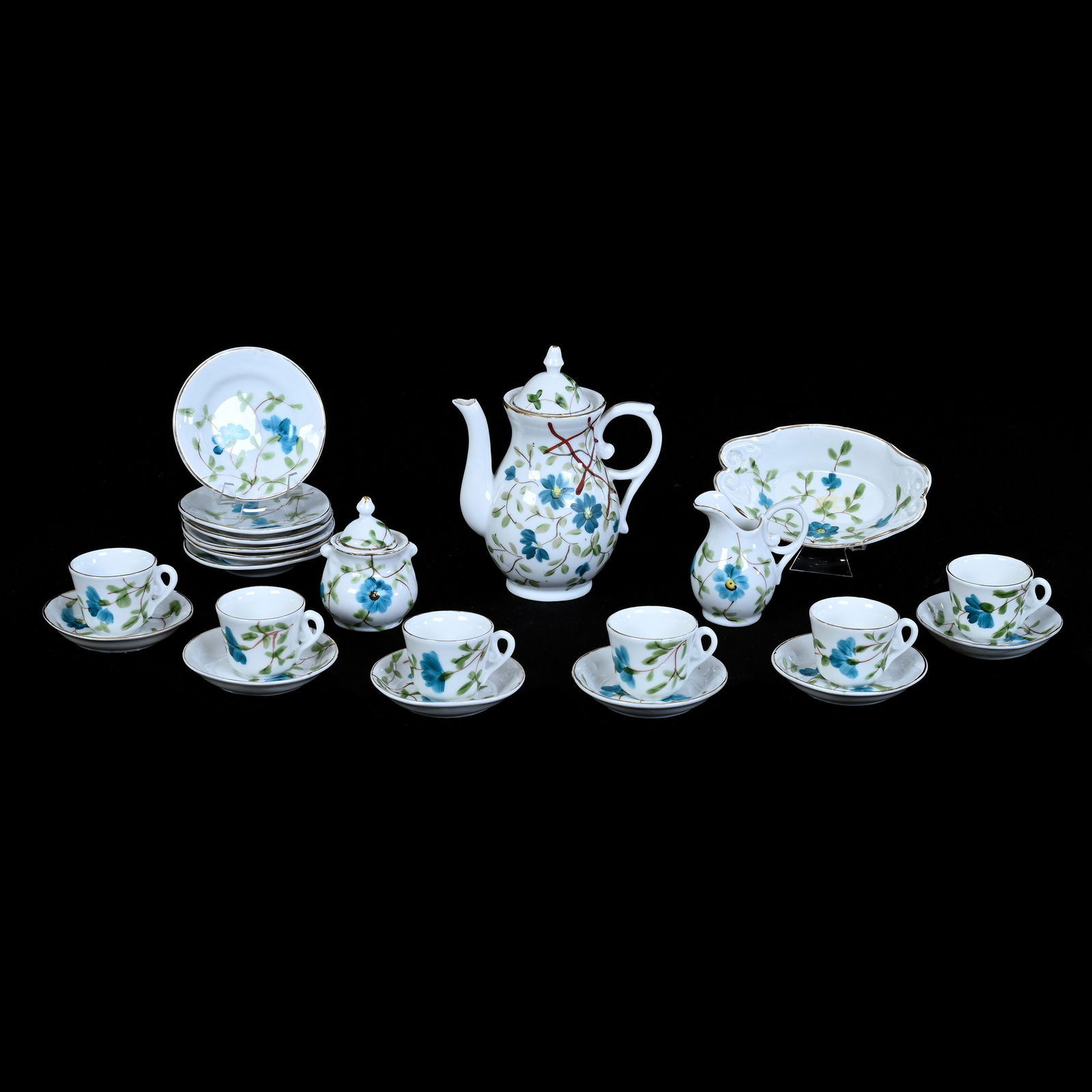 Child's Tea Set, Sixteen Piece, Unmarked R.S. Prussia: Child's Tea Set, Sixteen Piece, Unmarked R.S. Prussia, White With Blue Floral, (1) 5" x 4" Tea Pot, Creamer, Sugar, (6) 3" Plates, (6) Cups & Saucers, (1) Oval 4.5" Bread Bowl, Sugar Lid With Small Ri