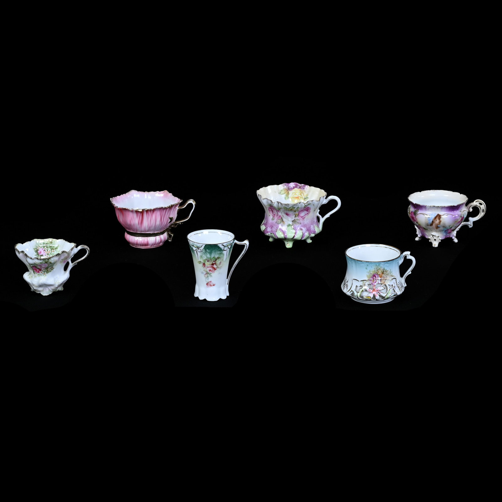 (6) Cups, R.S. Prussia: (6) Cups, R.S. Prussia, Various Colors, Molds And Patterns, See Photos For Details, Portrait Cup With Rim Chip, Lee and Carol Marple Estate Collection, CA.