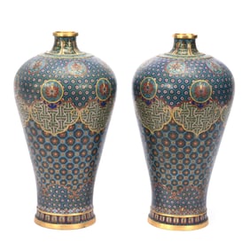Pair Vases, Gilt Bronze And Cloisonne, Each Marked With Kaishu Characters