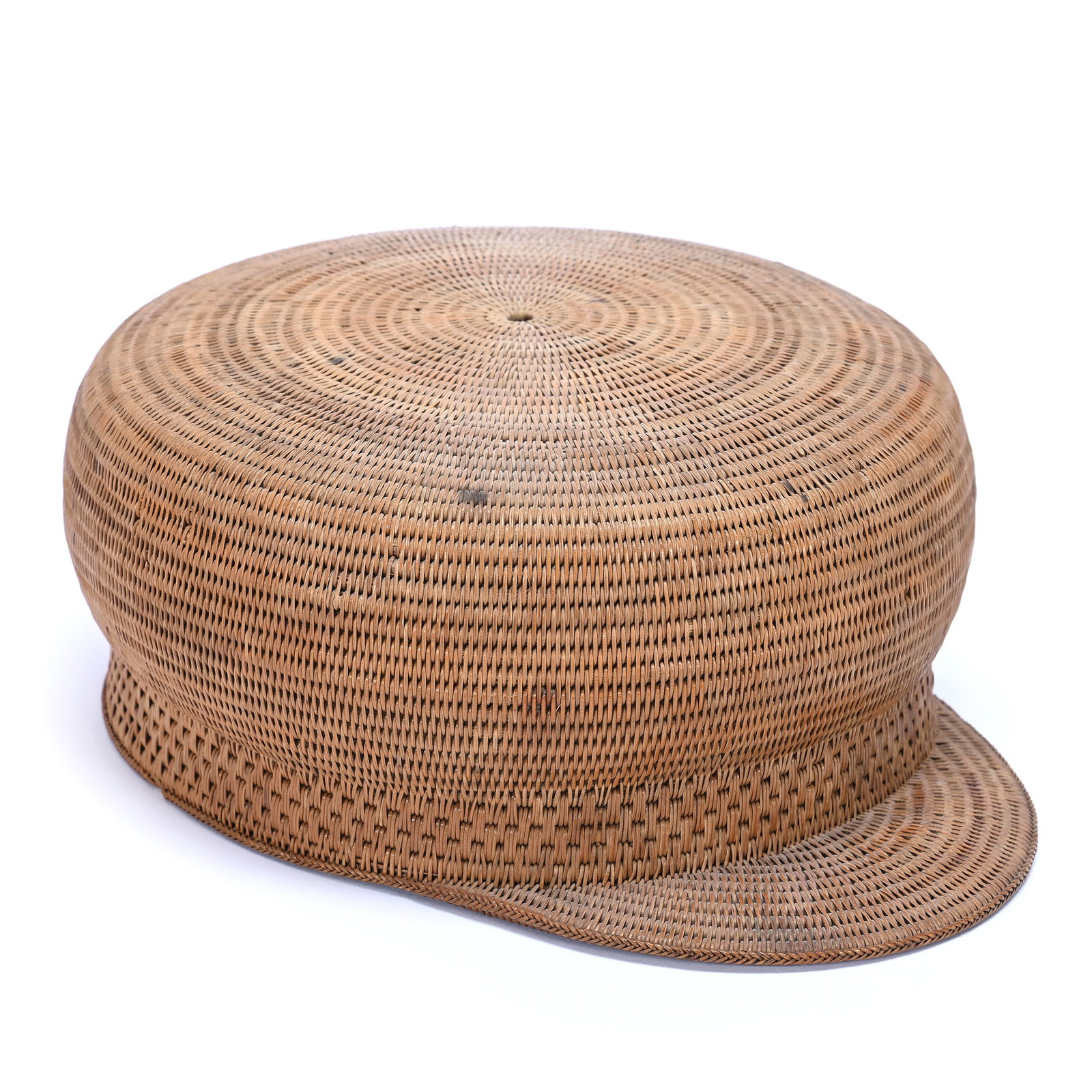 Native American Cap, Attributed To California Serrano Tribe: Native American Cap, Attributed To California Serrano Tribe, 3.25" x 9" x 7" approximately, Exceptionally Fine Detailing, Minor Edge Break, Circa 1920's, The Estate Of Rex And Mary Campbell, MO. All P