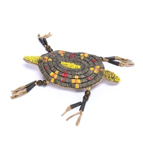 Quilted Native American Indian Fetish, Turtle Form, Leather Body, Beaded Head And Tail
