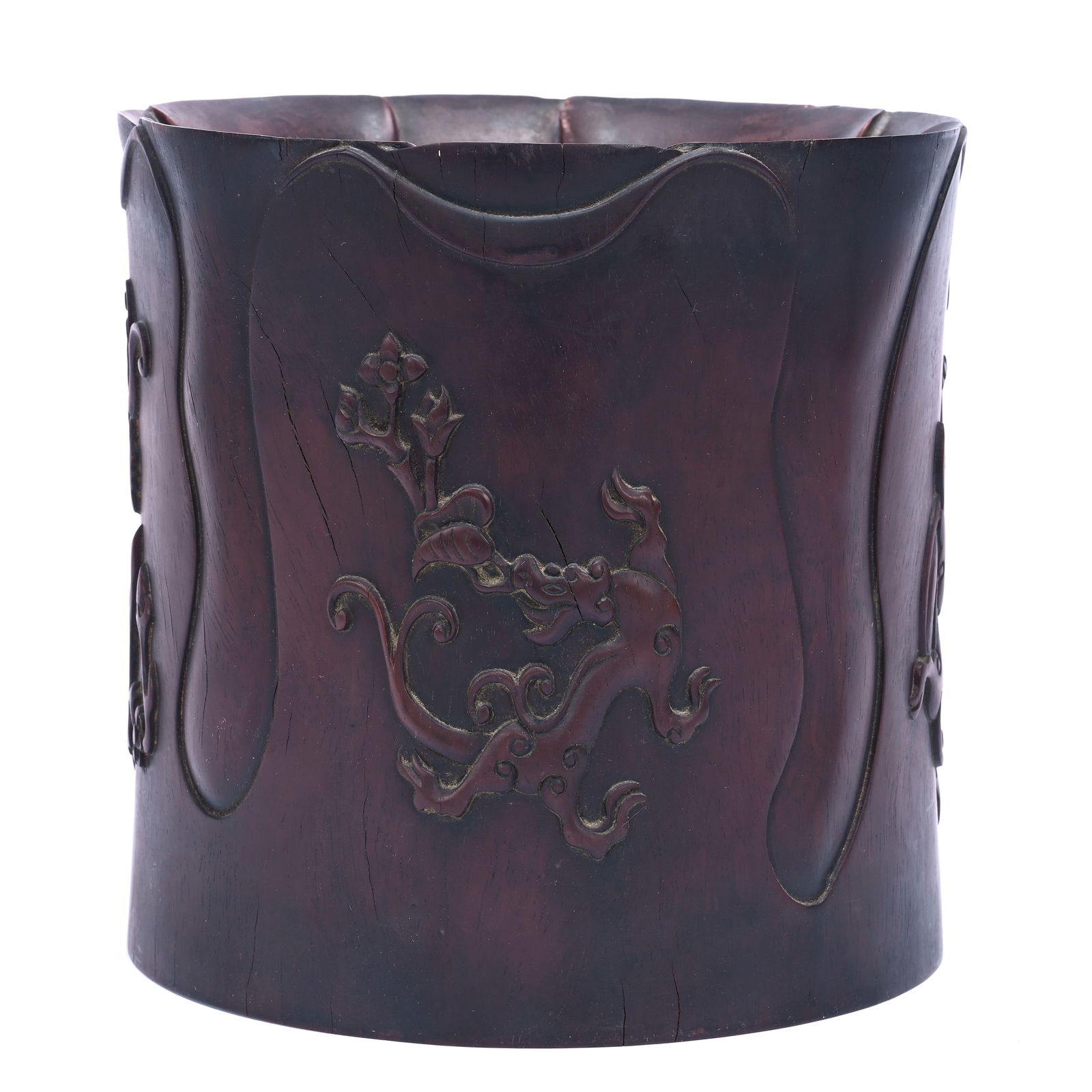 Brush Pot, Chinese Carved Huanghuali: Brush Pot, Chinese Carved Huanghuali, 8.25" x 8.5", Carved Dragon Relief, Total Weight Of 5.5 Pounds, The Estate Of Rex And Mary Campbell, MO. All Proceeds Of This Auction Go To Benefit Low Income Stu