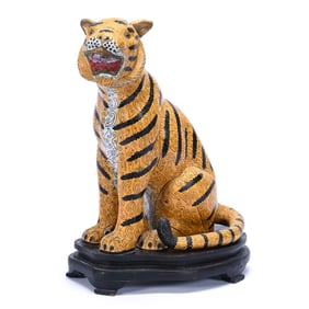 Cloisonne Tiger Figure On Wooden Base