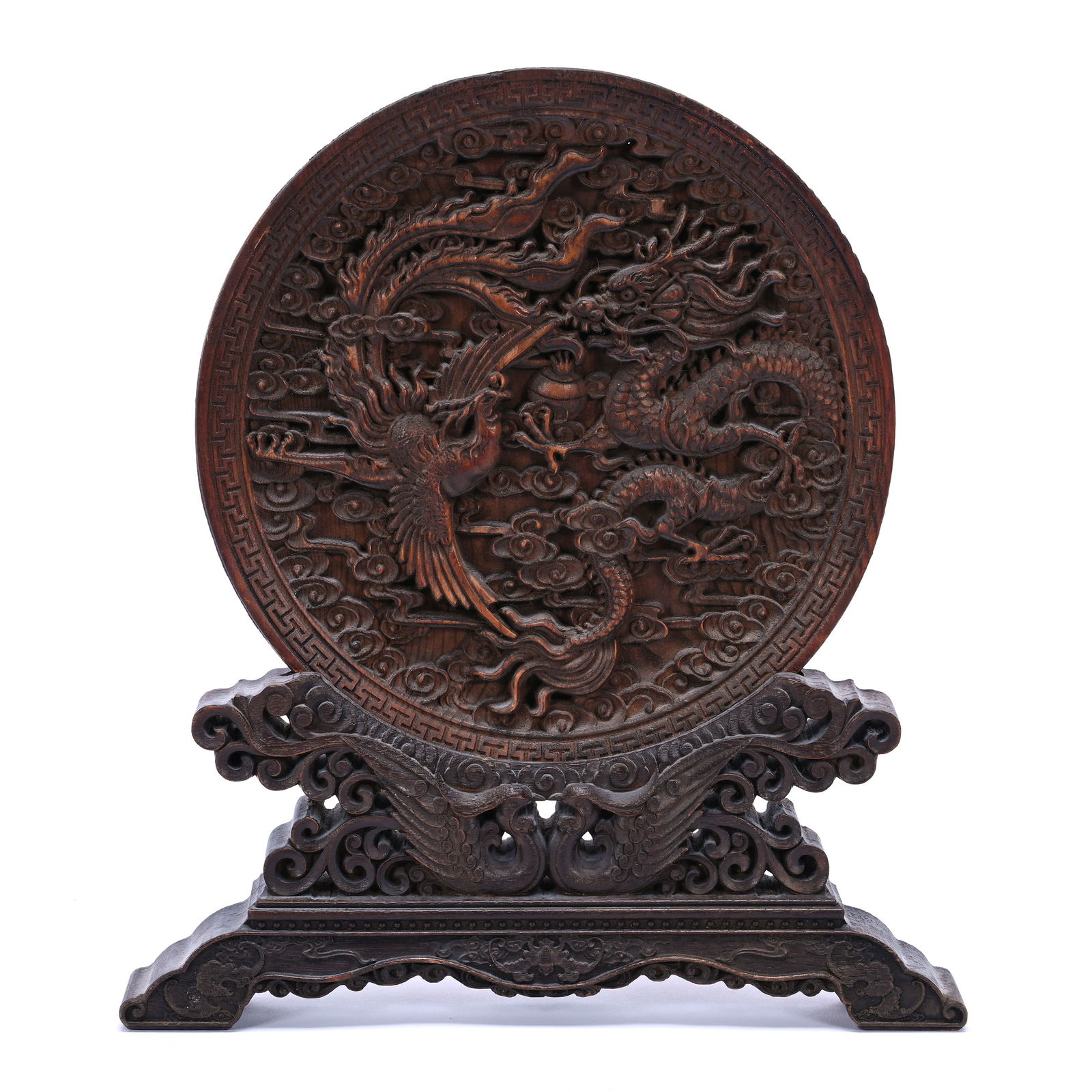 Small Chinese Carved Table Screen, 6.5" Diameter Wooden Plaque (1 of 4)