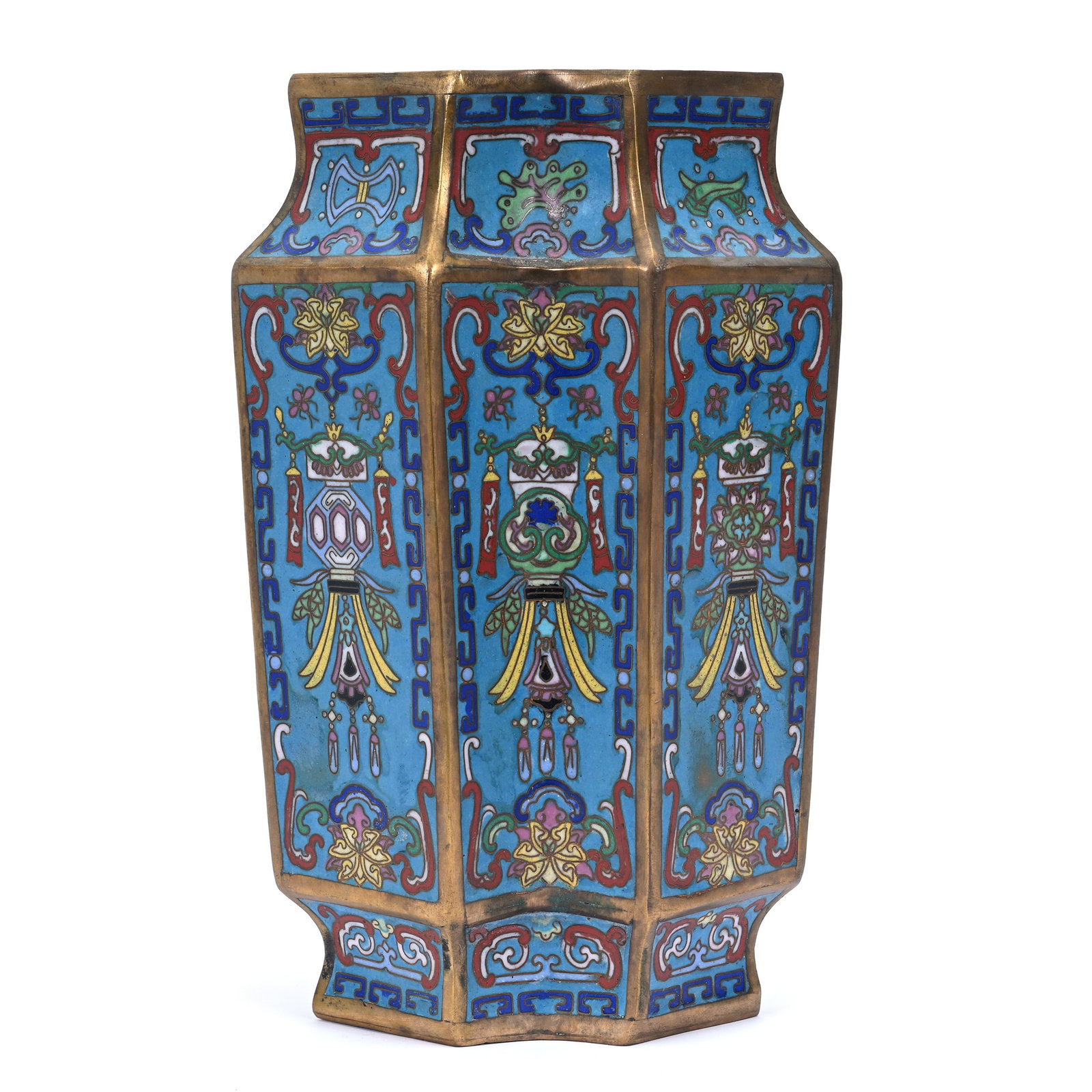 Double Diamond Cloisonne Vase: Double Diamond Cloisonne Vase, 9.75" x 6.25" x 3.75", The Estate Of Rex And Mary Campbell, MO. All Proceeds Of This Auction Go To Benefit Low Income Students At University Of Missouri (Mizzou/MU), Col