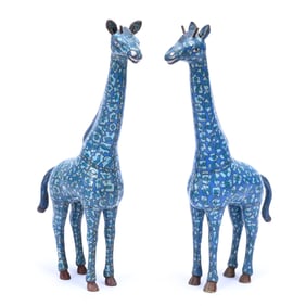 Pair Cloisonne Giraffe Figures, Blue Tones, Elaborate Designs