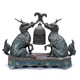 Cloisonne Figural Temple Bell Featuring Two Qilins