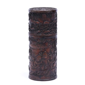 Carved Chinese Wood Incense Case, Cylindrical Form