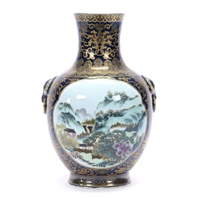 Vase, Chinese Porcelain, Cobalt Blue Ground With Classic Scenes, Heavy Gold Stenciling
