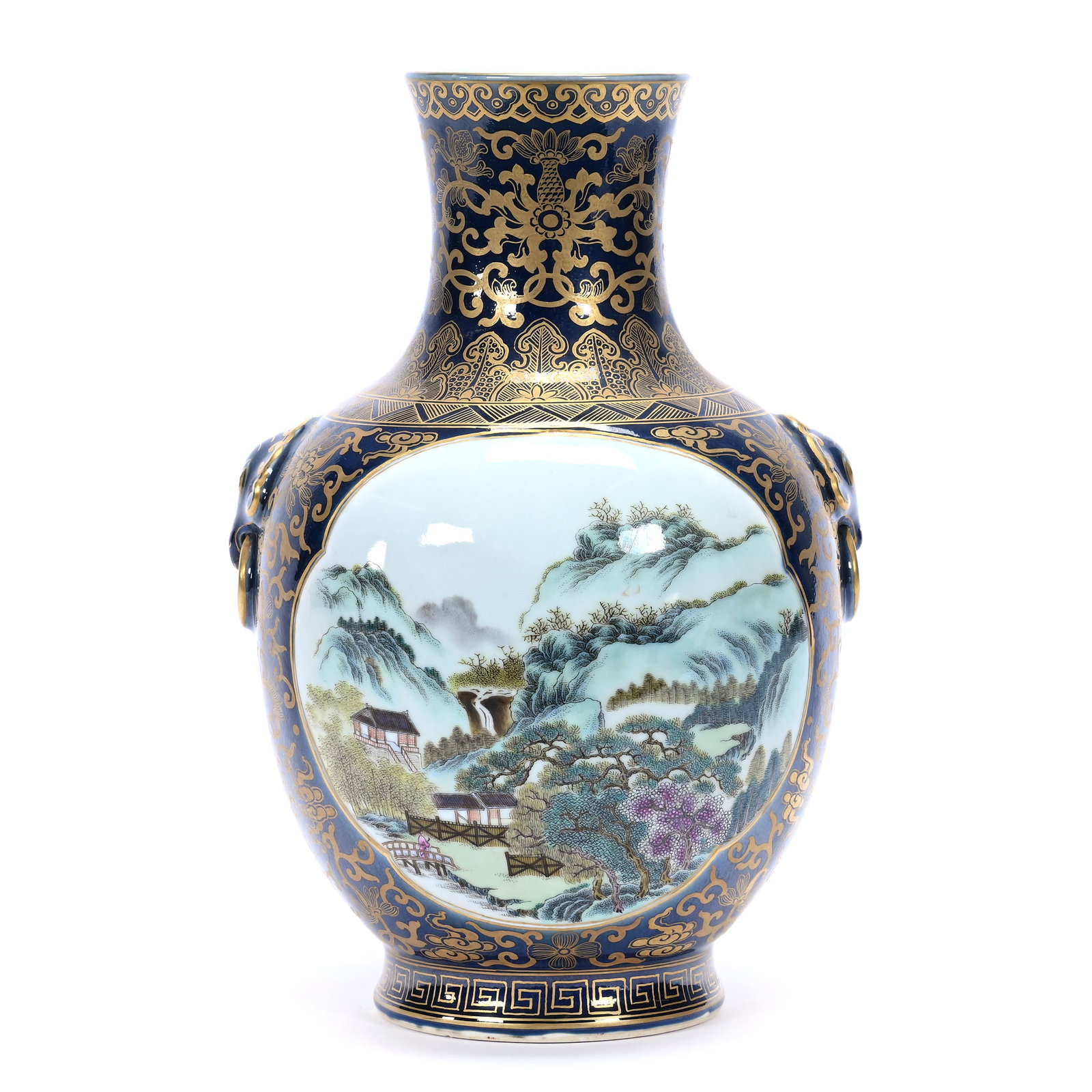 Vase, Chinese Porcelain, Cobalt Blue Ground With Classic Scenes, Heavy Gold Stenciling: Vase, Chinese Porcelain, Cobalt Blue Ground With Classic Scenes, Heavy Gold Stenciling, 11" x 7.25", In Style Of Qianlong Period, The Estate Of Rex And Mary Campbell, MO. All Proceeds Of This Auction 