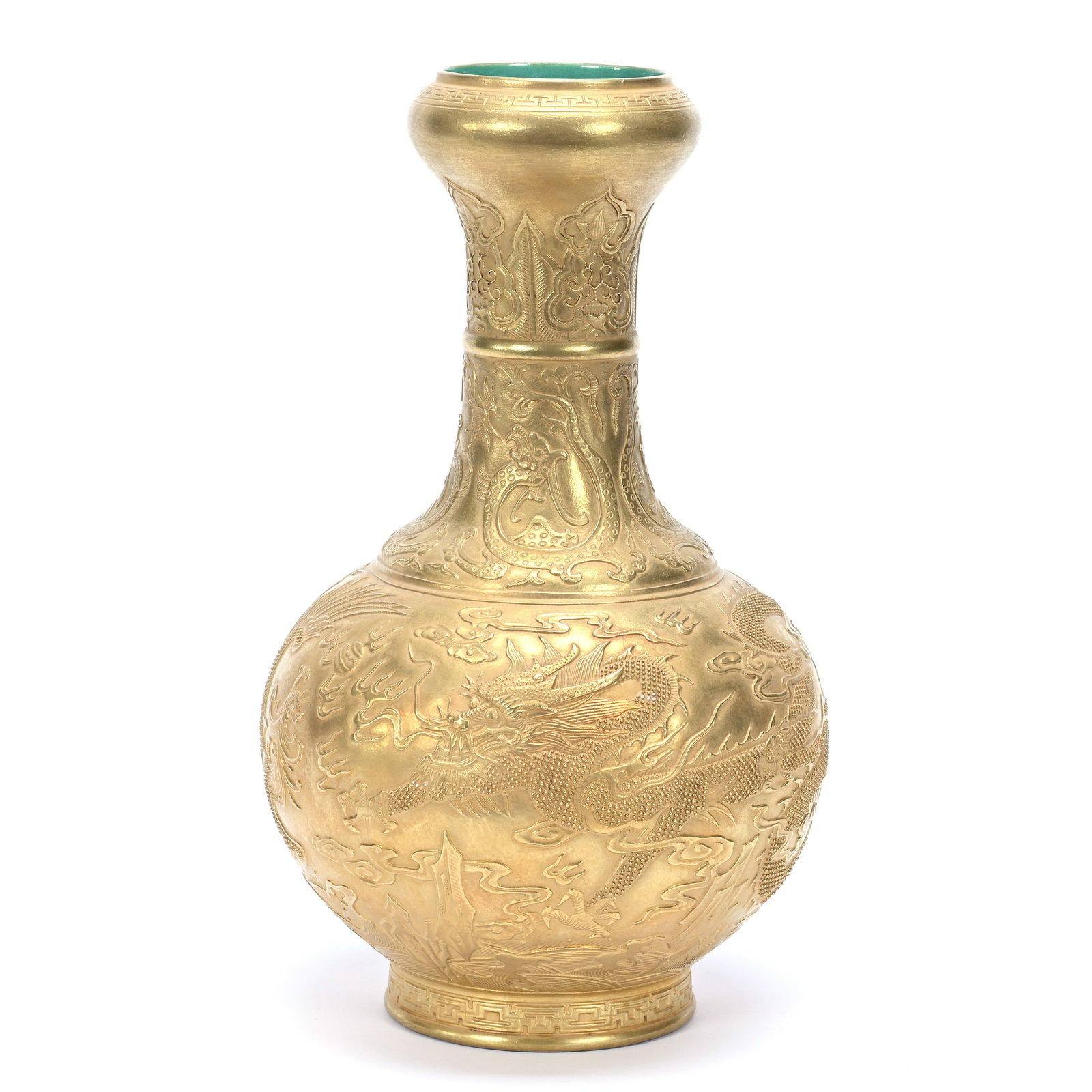 Vase, Gold Porcelain, Carved Dragon And Phoenix Design: Vase, Gold Porcelain, Carved Dragon And Phoenix Design, 10.5" x 6.5", In Style Of Qianlong Period, Mr. Campbell Believes This Item Deserves A Label Of "Very Rare", The Estate Of Rex And Mary Campbell,