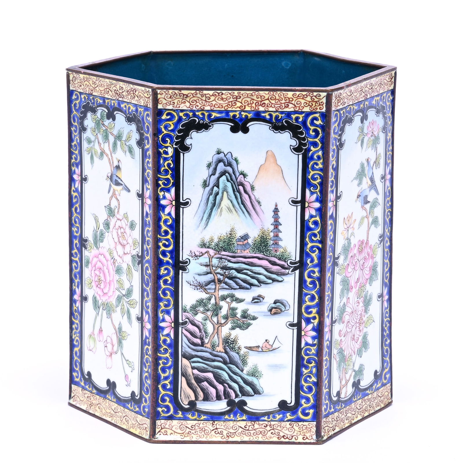 Brush Pot, Six-Sided, Appears To Be Chinese Enamel Over Copper (1 of 3)
