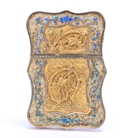 Card Case, Gilded Wire Filigree Featuring Dragon Design And Colored Enamel Highlights