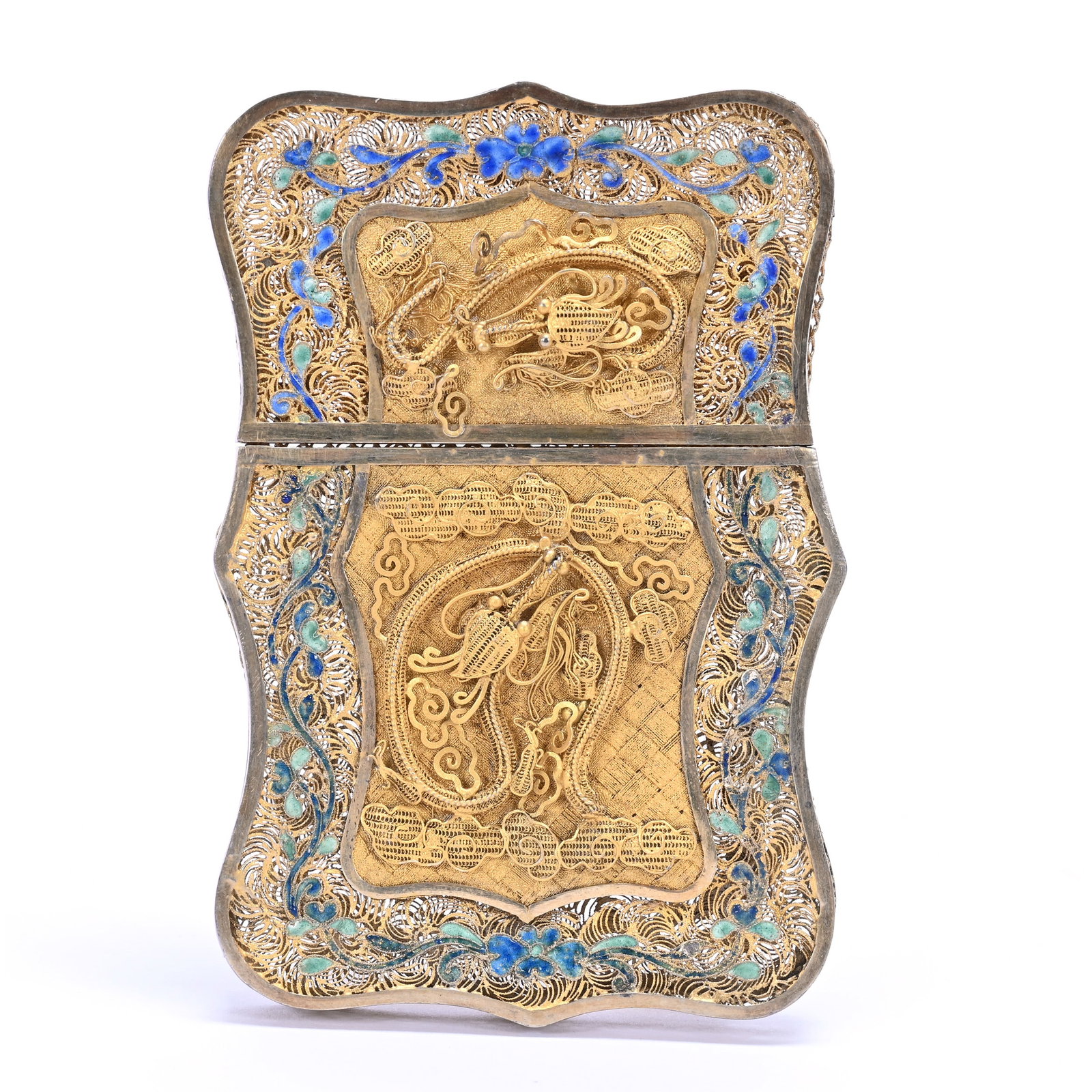 Card Case, Gilded Wire Filigree Featuring Dragon Design And Colored Enamel Highlights: Card Case, Gilded Wire Filigree Featuring Dragon Design And Colored Enamel Highlights, 3.75" x 2.5", The Estate Of Rex And Mary Campbell, MO. All Proceeds Of This Auction Go To Benefit Low Income Stud