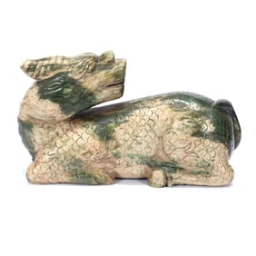 Carved Jade Qilin Figurine, Mythical, Scale Body