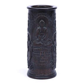 Brush Holder (Pot), Chinese Rosewood With Design Of Carved Chinese Gods