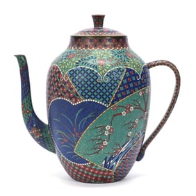 Japanese Cloisonne Oversized Teapot, Blue, Yellow, Red And Green Irregular Floral Designs