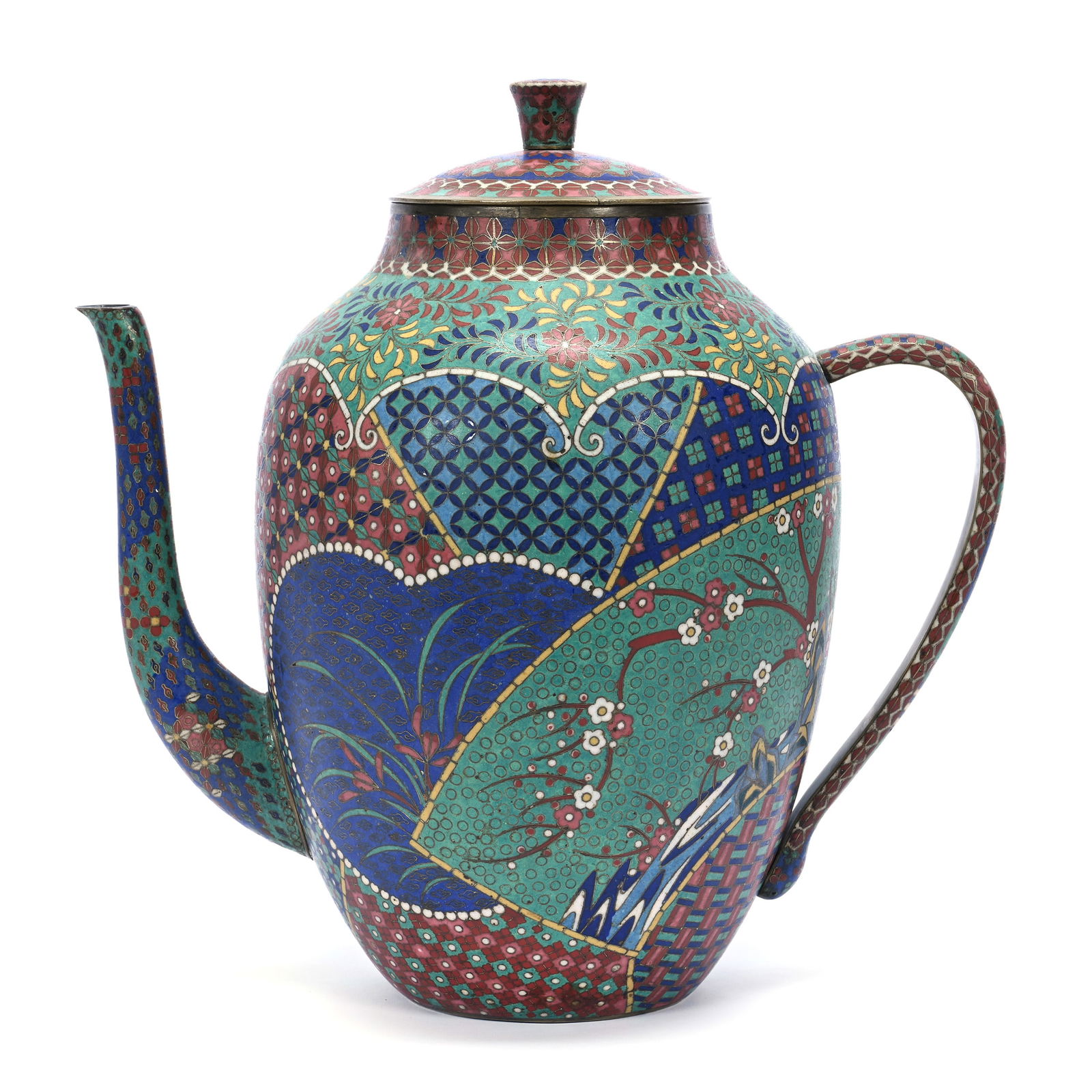 Japanese Cloisonne Oversized Teapot, Blue, Yellow, Red And Green Irregular Floral Designs (1 of 4)